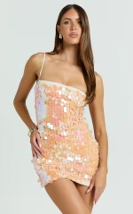 Wilfreda Mini Dress - Sequin Square Neck Bodycon Dress in Peach