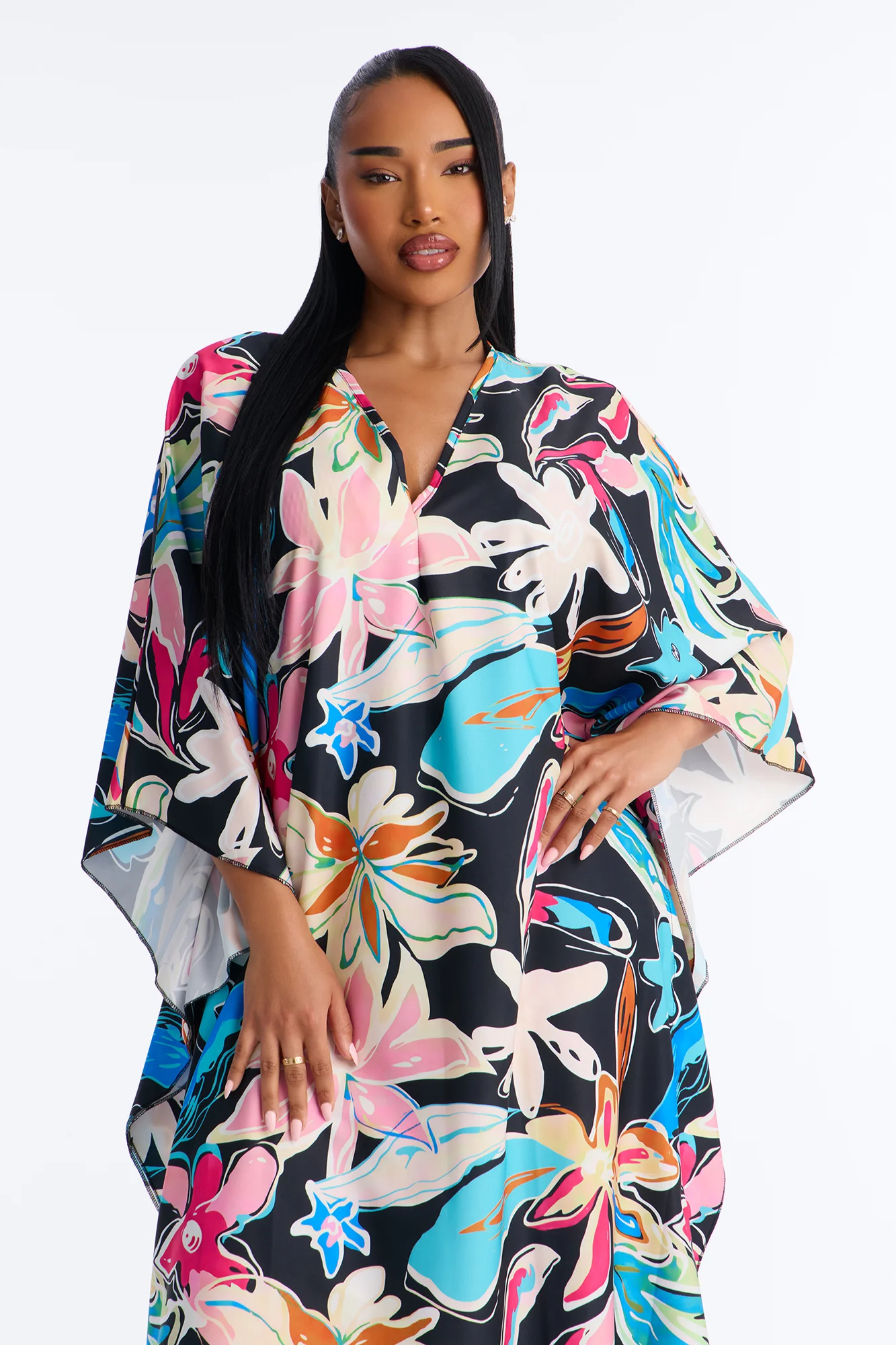 Find Me In Hawaii Floral Long Sleeve Kaftan Cover Up - Multi Color