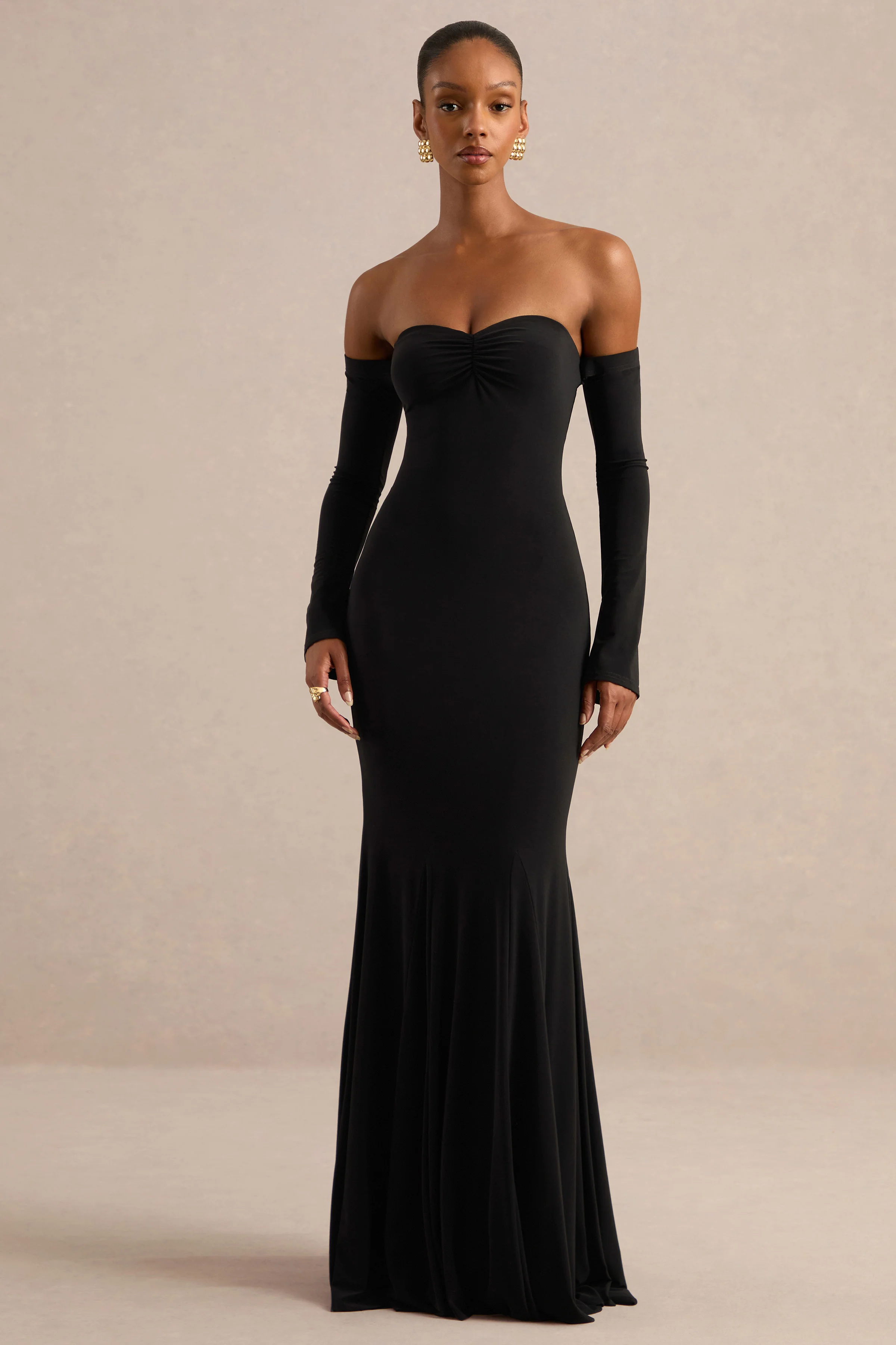 Gaelline | Black Jersey Bardot Long Sleeve Maxi Dress