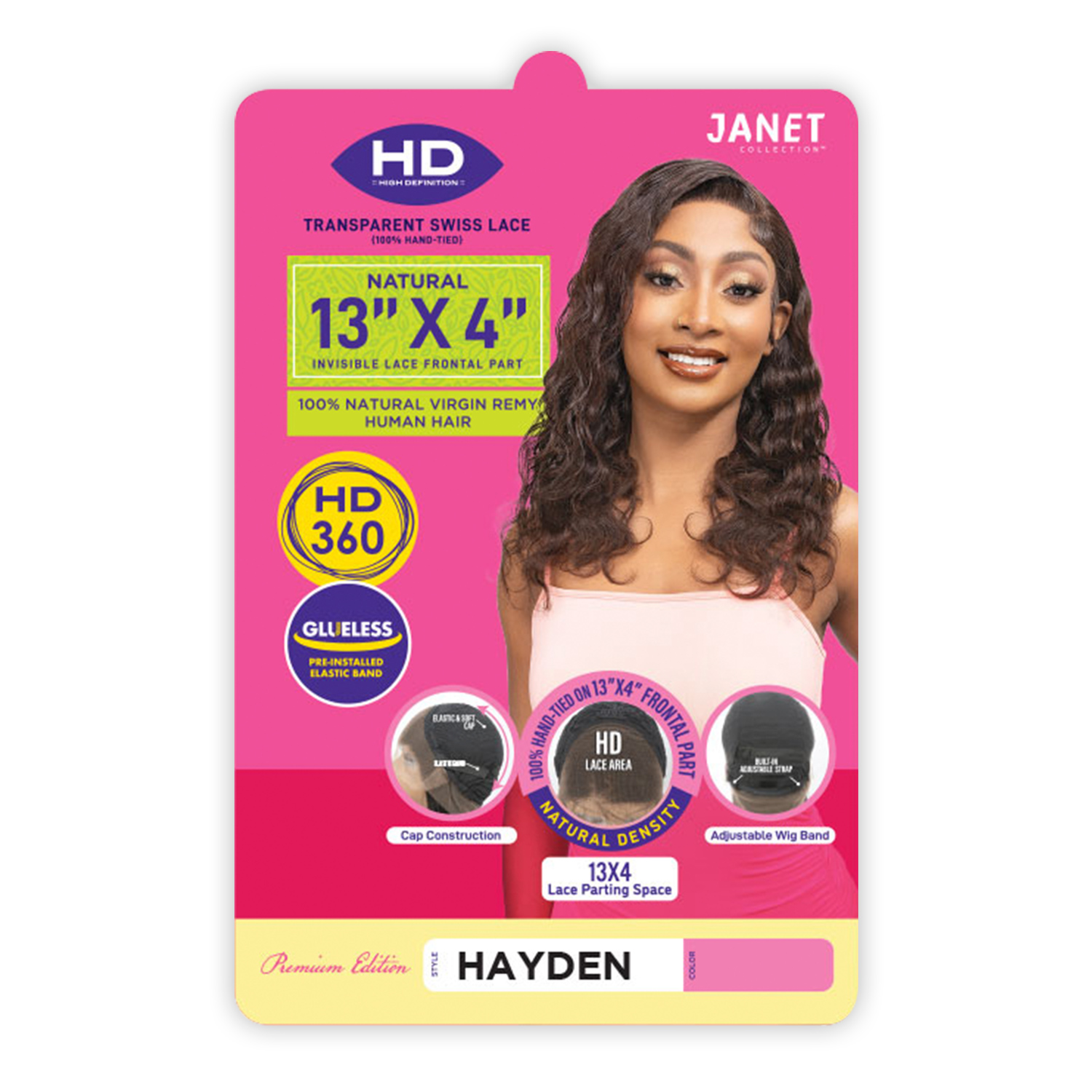 Janet Collection Natural Virgin Remy Human Hair HD Lace Frontal Wig Glueless Hand-Tied 13X4 Hayden