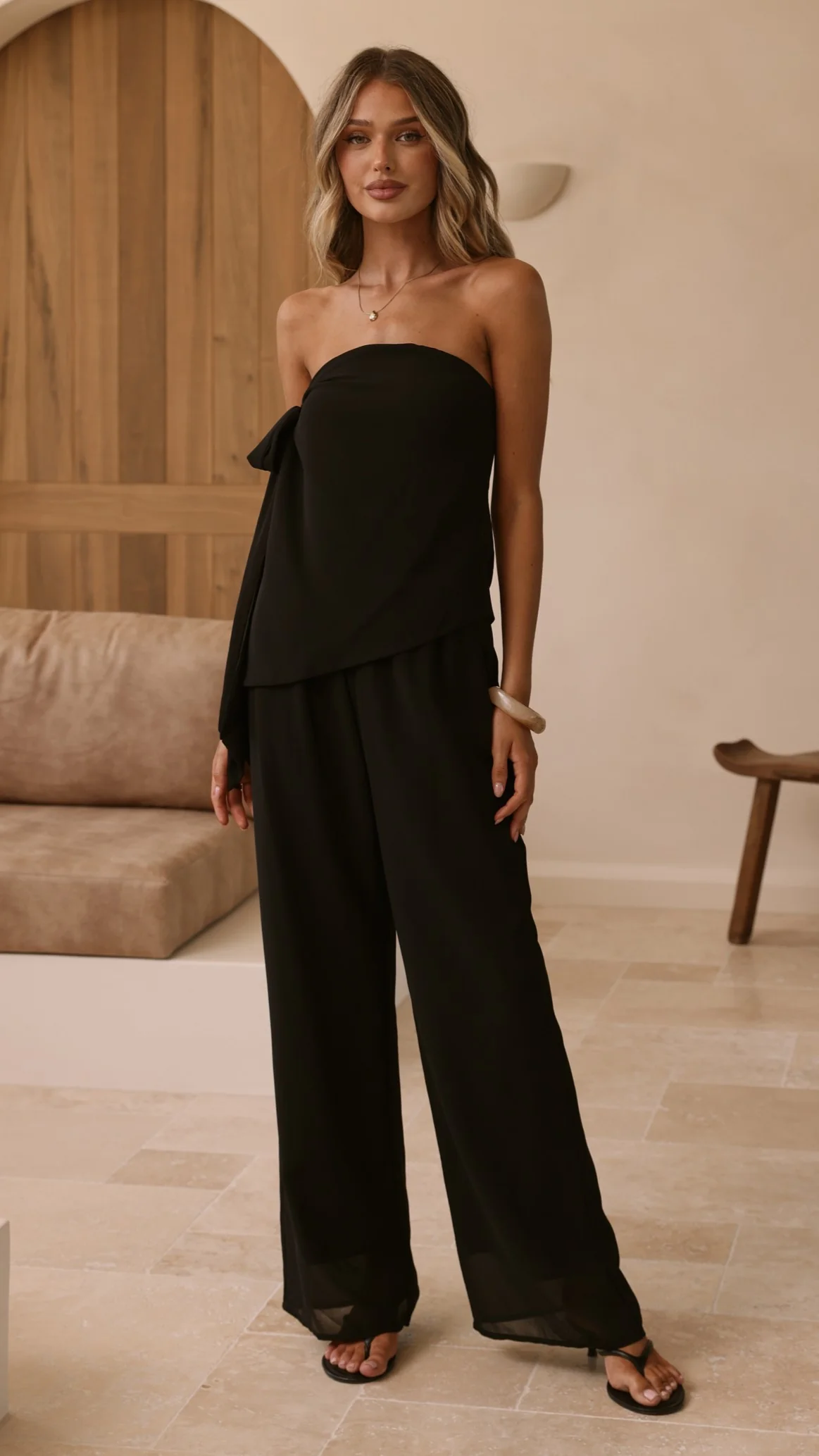 Zabrina Semi Sheer Strapless Top and Pants Set - Black