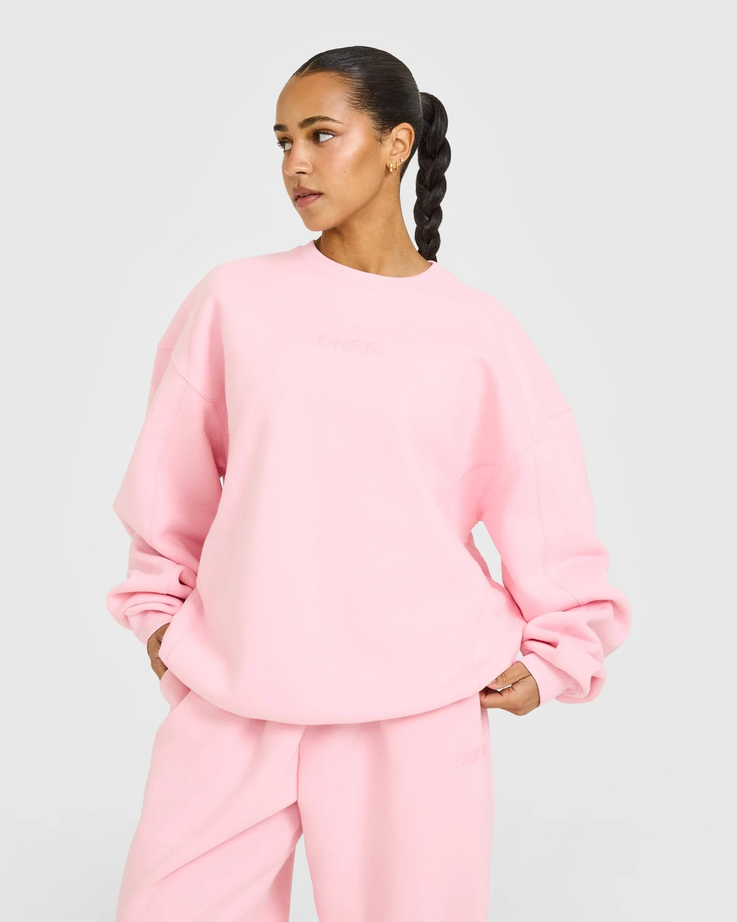 Foundations Oversized Crew Neck Sweatshirt with Oner Embroidery | Petal Pink