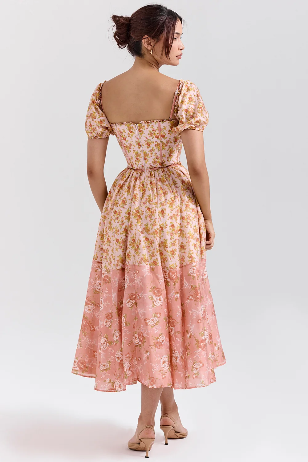 Peach Poppy Print Puff Sleeve Midi Sundress