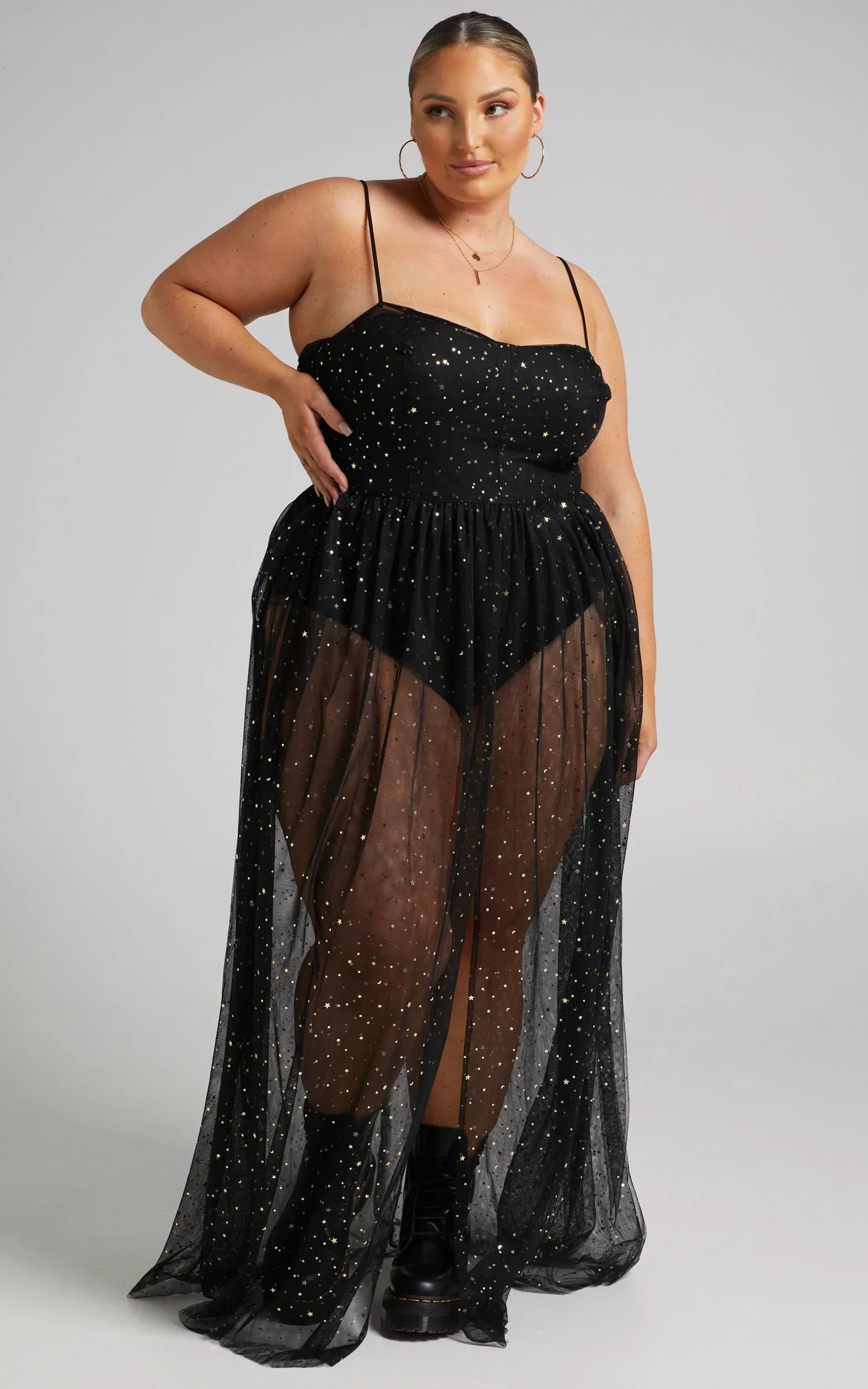 Stunning View Maxi Dress - Bodice Sheer Dress in Black Mesh