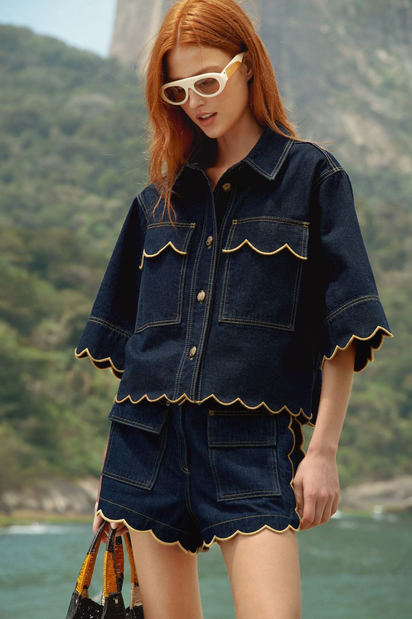 Dark Denim Wavy Hem Short Sleeve Shirt