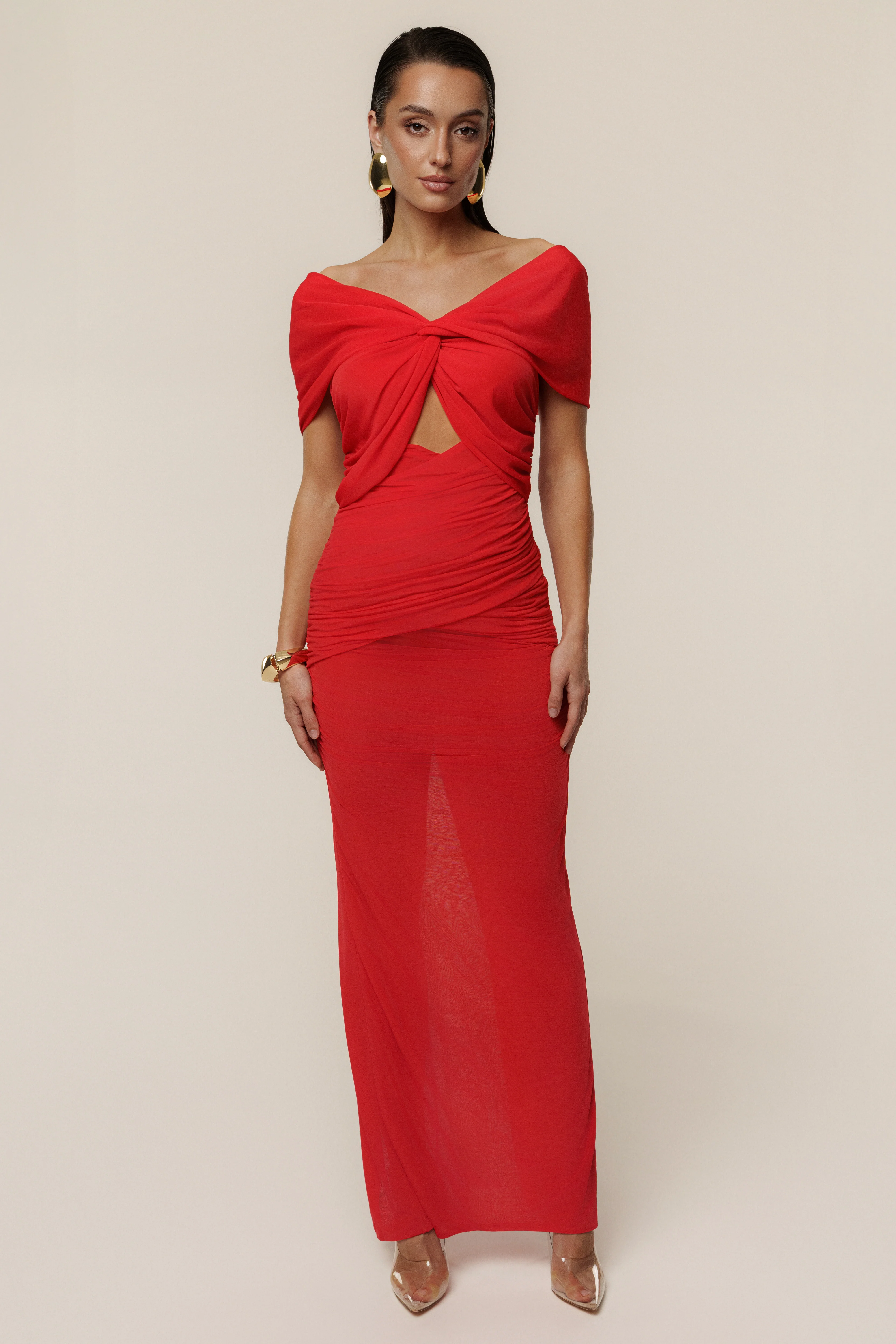 Red Alessandra Off Shoulder Maxi Dress