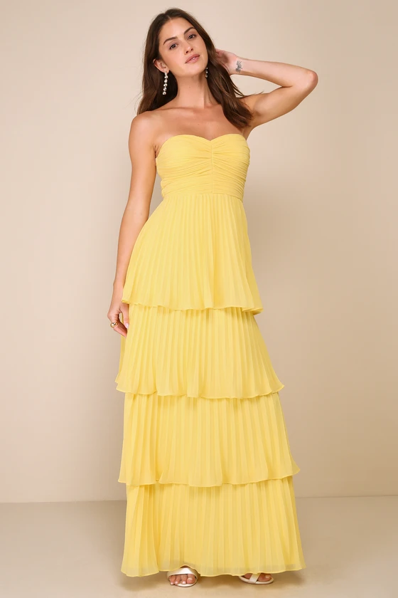 Seriously Sensational Yellow Strapless Tiered Maxi Dress