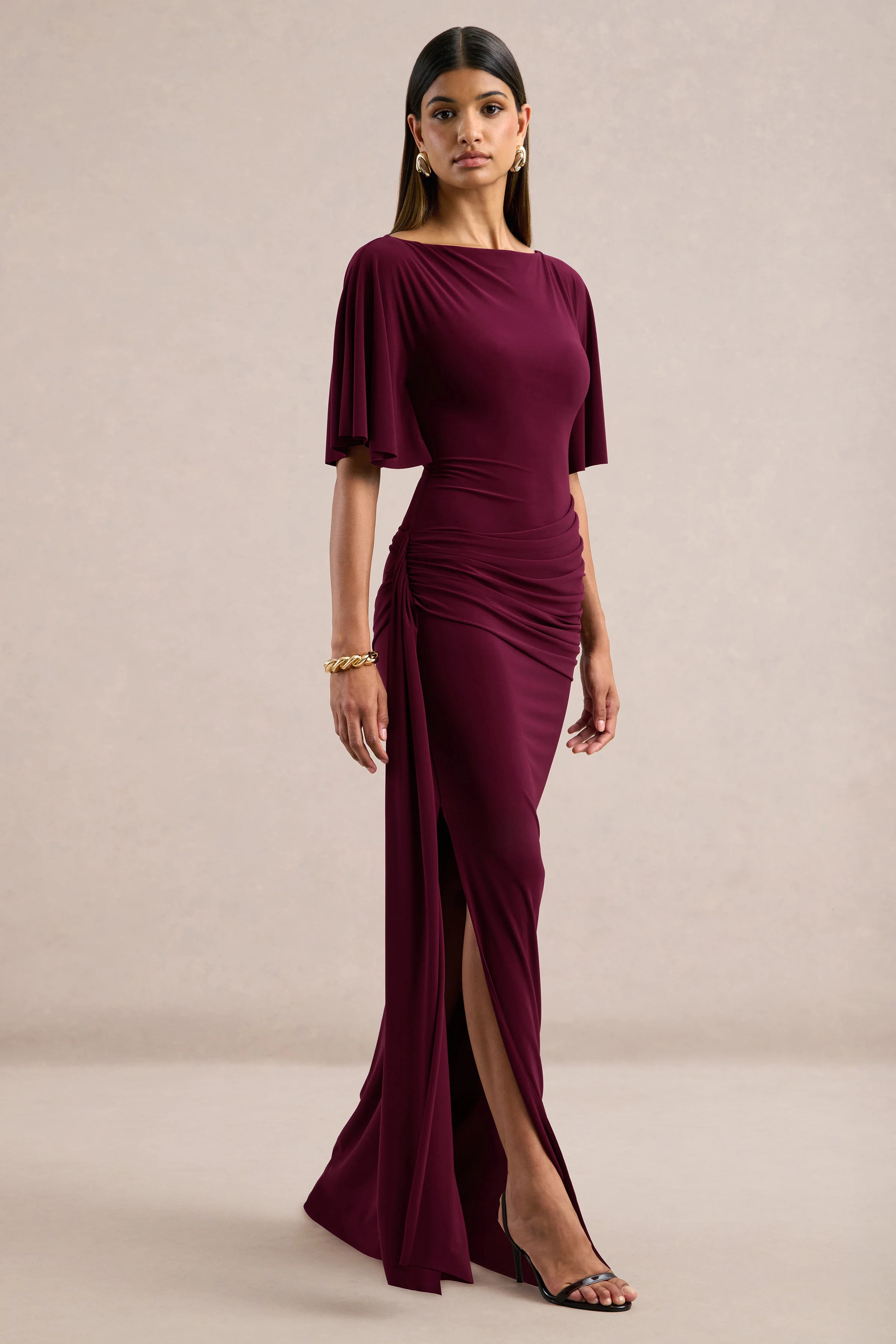 Emerelle | Burgundy Jersey Ruched Boat Neck Short Sleeve Maxi Dress With Sash And Split