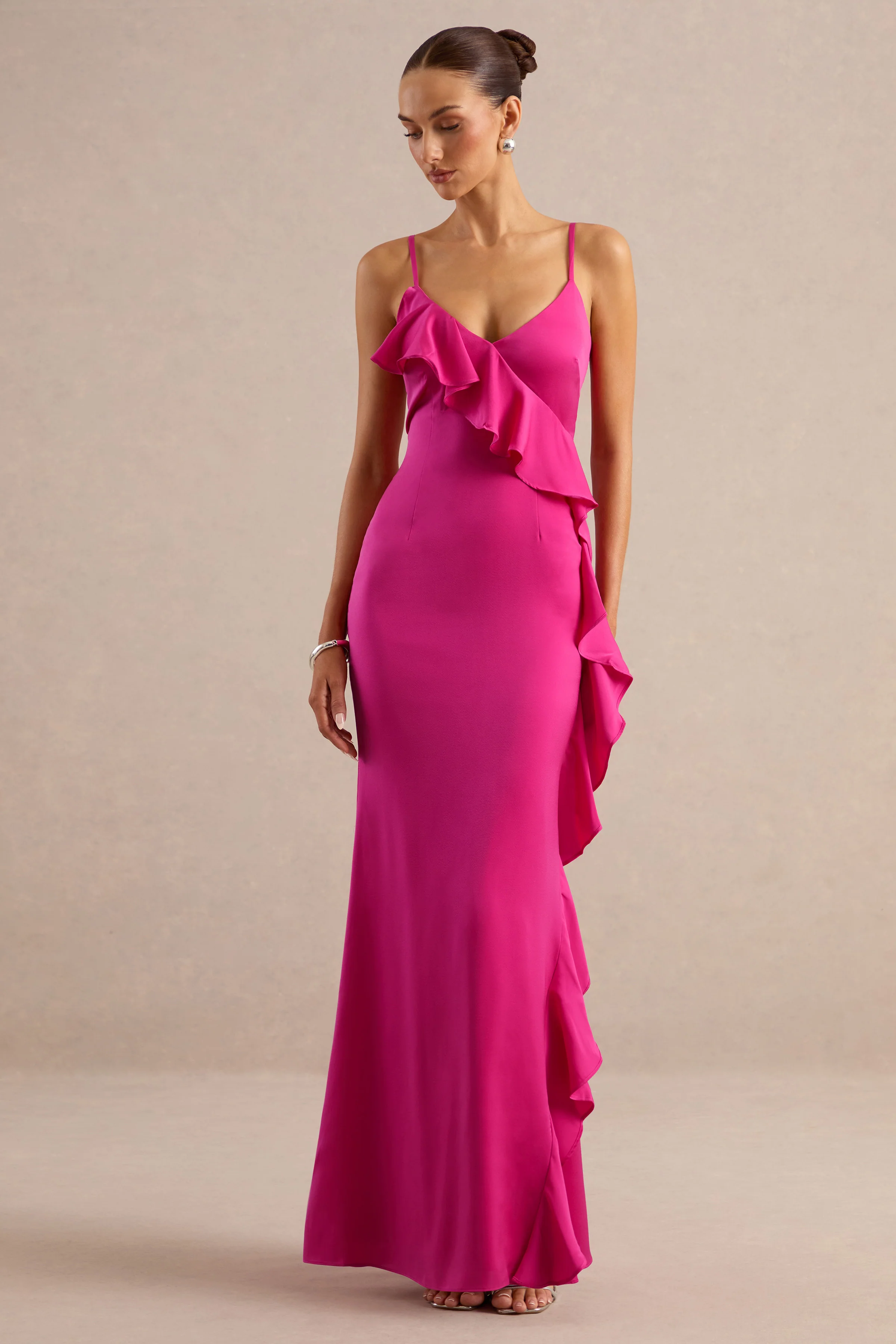 Marcelina | Hot Pink Satin V-Neck Maxi Dress With Ruffled Detailing