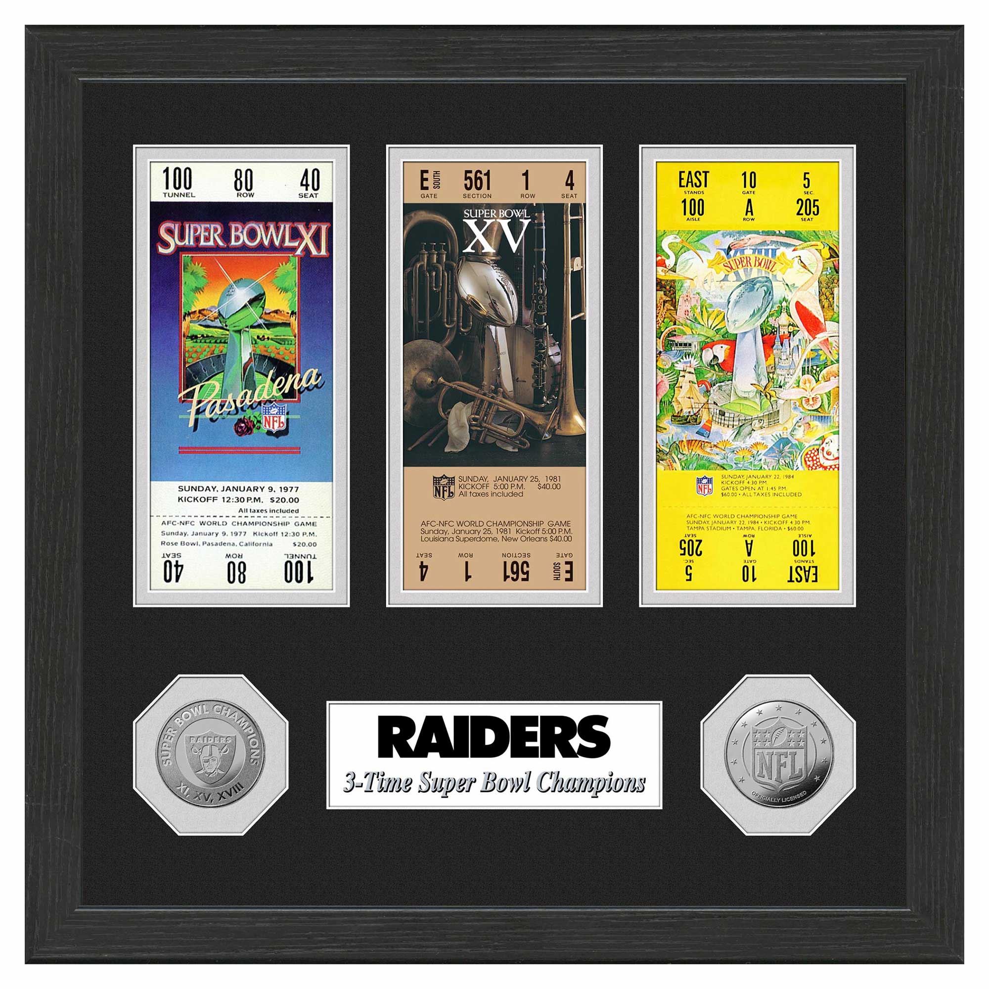 Las Vegas Raiders Super Bowl Tickets Silver Coins Framed NFL Photo