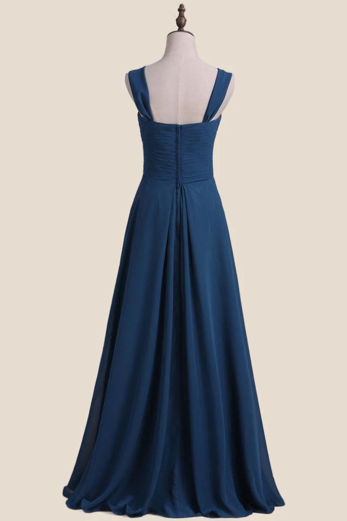 Straps Navy Pleated Chiffon A-line Bridesmaid Dress