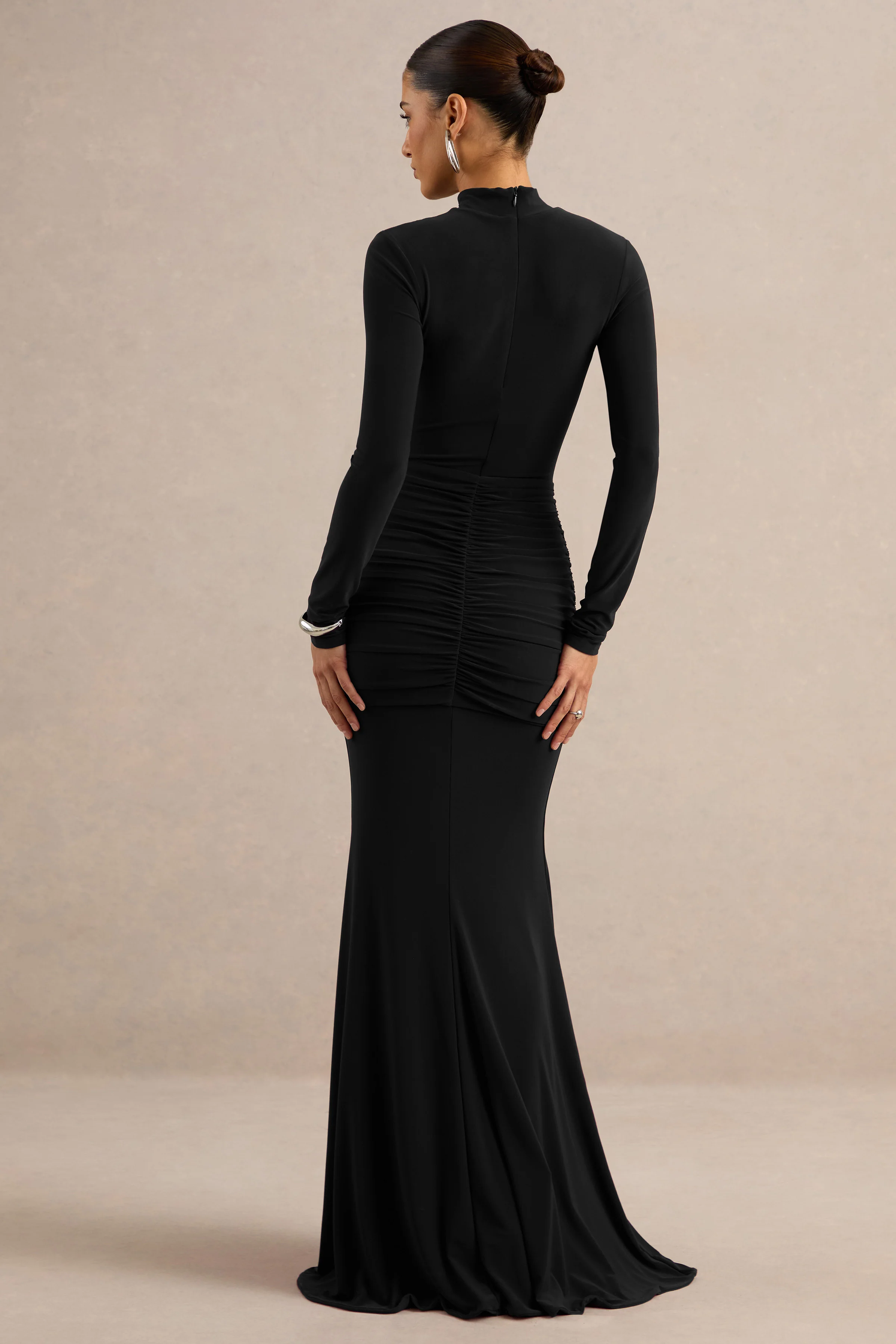 Seraphita | Black Jersey High Neck Long Sleeve Maxi Dress With Gathered Detailing And Sash
