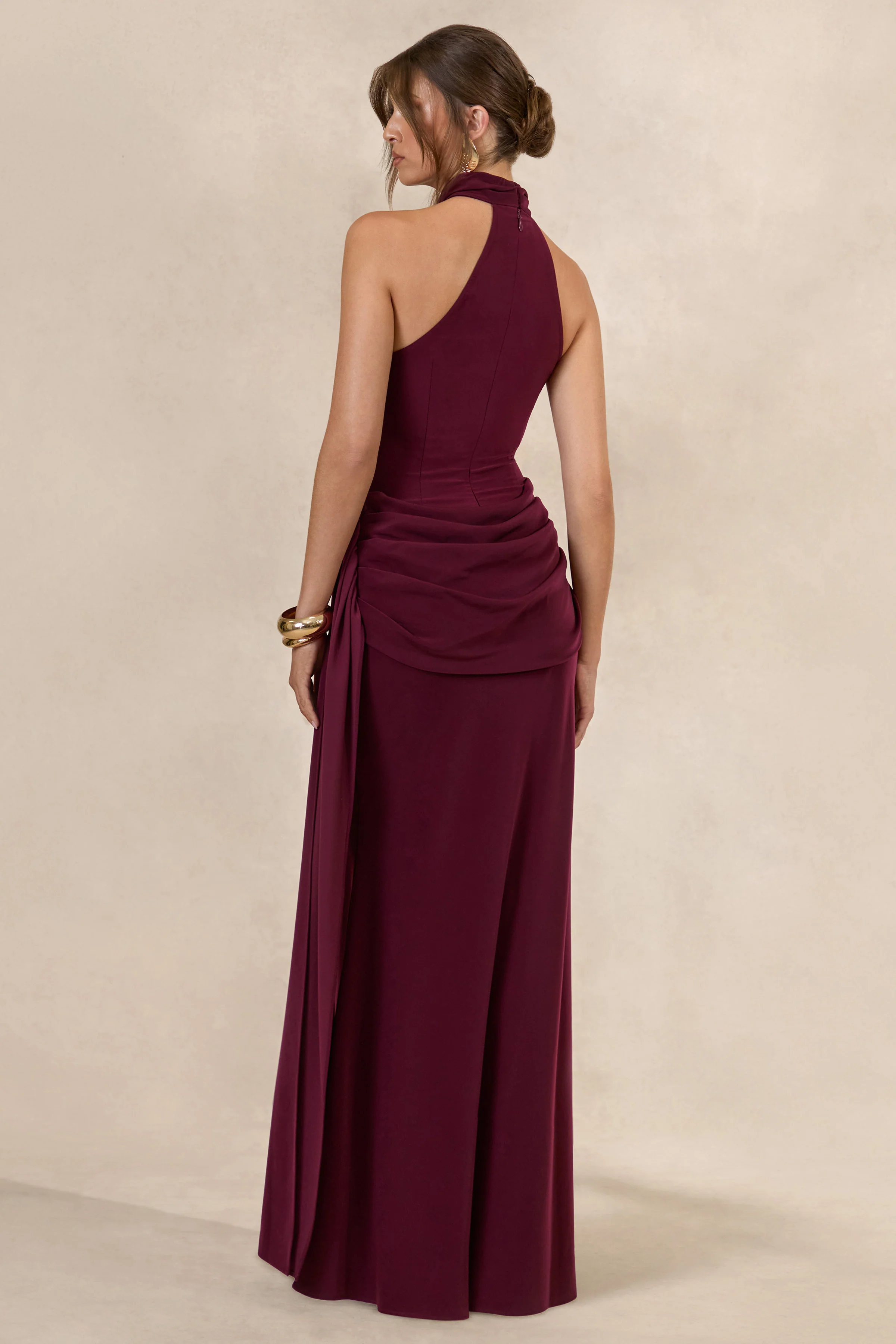 Aevina | Burgundy Satin Asymmetric-Neck Maxi Dress With Scarf-Detail