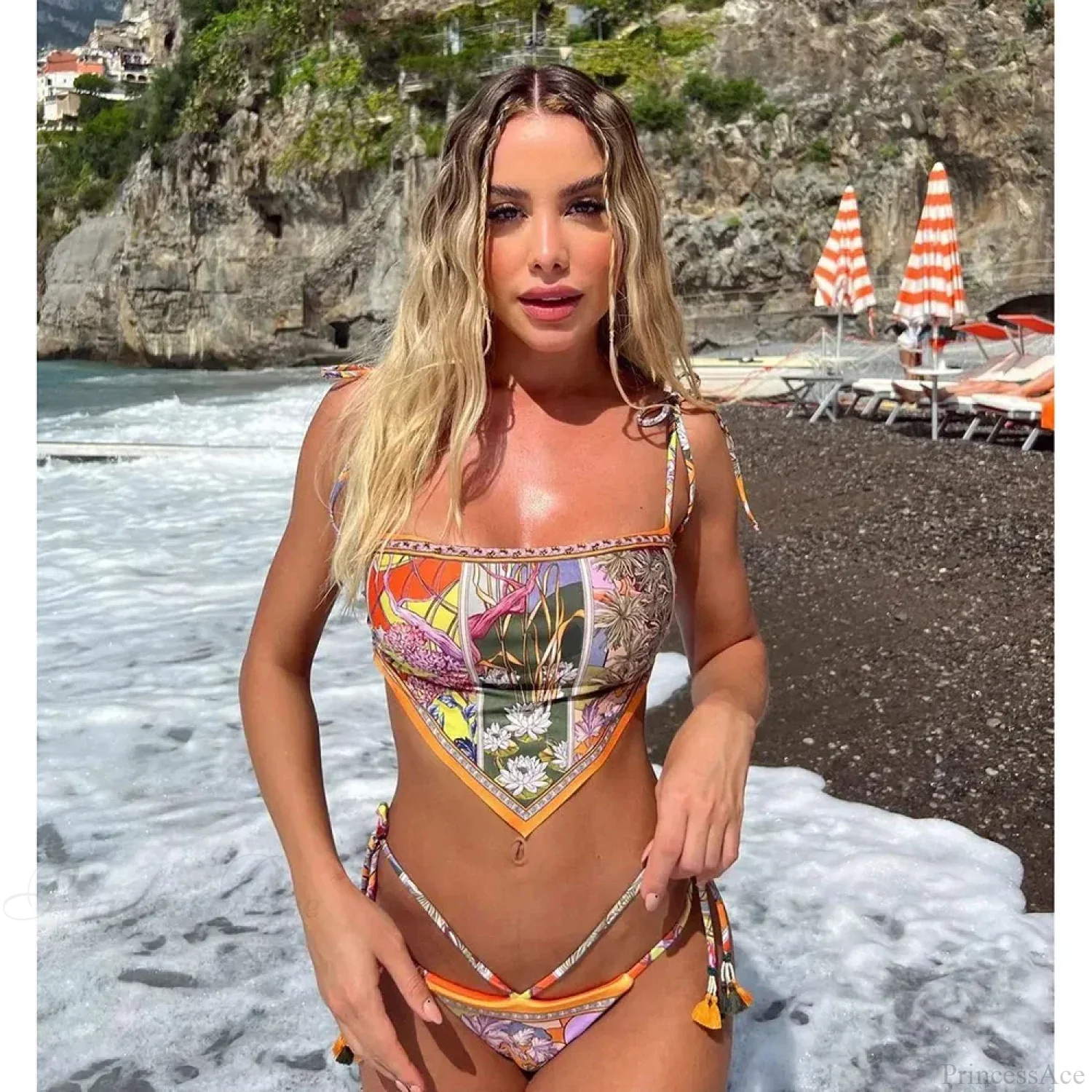 Backless Print Dot Halter Bikini Set