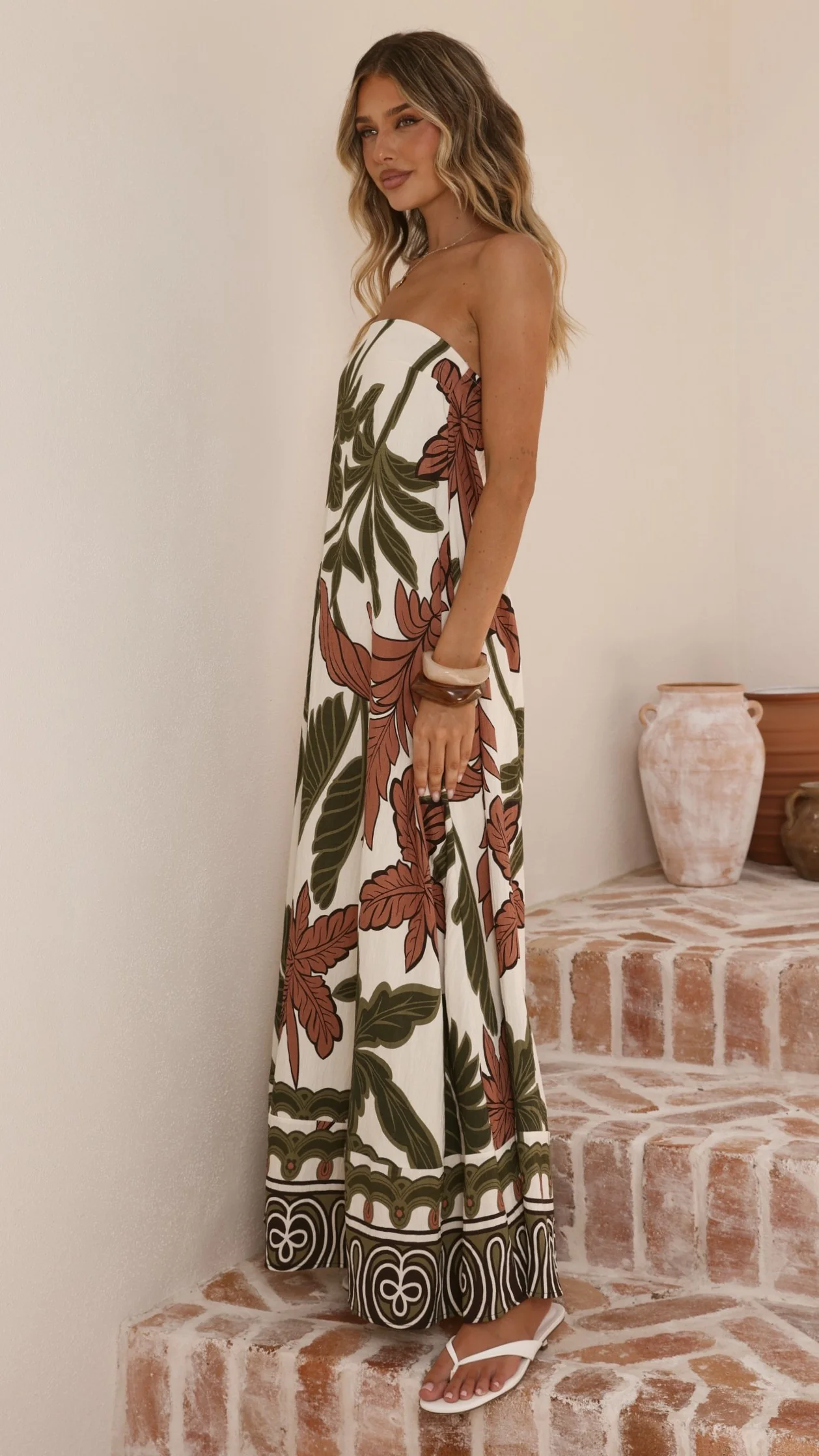 Connie Maxi Dress - Green/Beige Palm