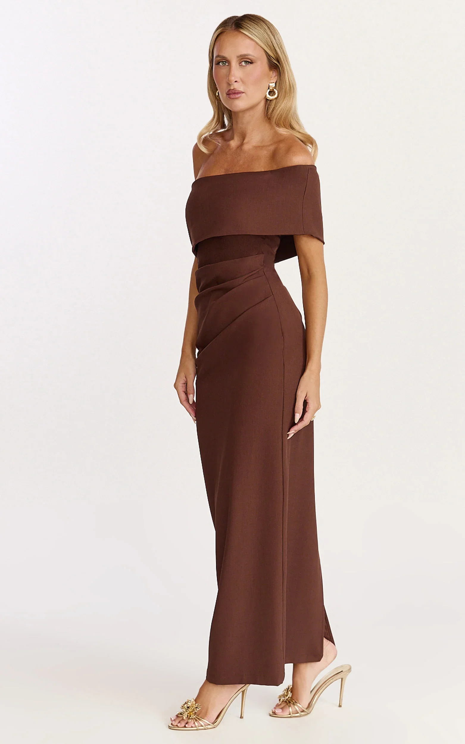 Pearce Maxi Dress - Gathered One Sleeve Bodycon Dress in Brown
