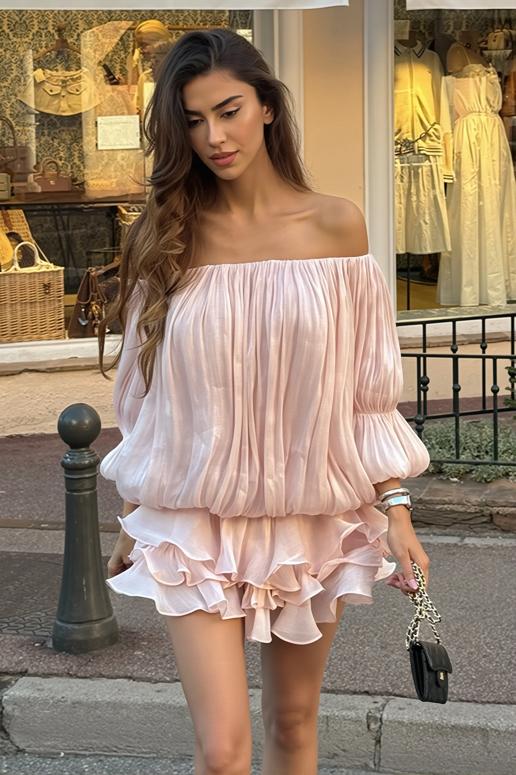 Off Shoulder Ruffle Shiny Fabric Mini Dress