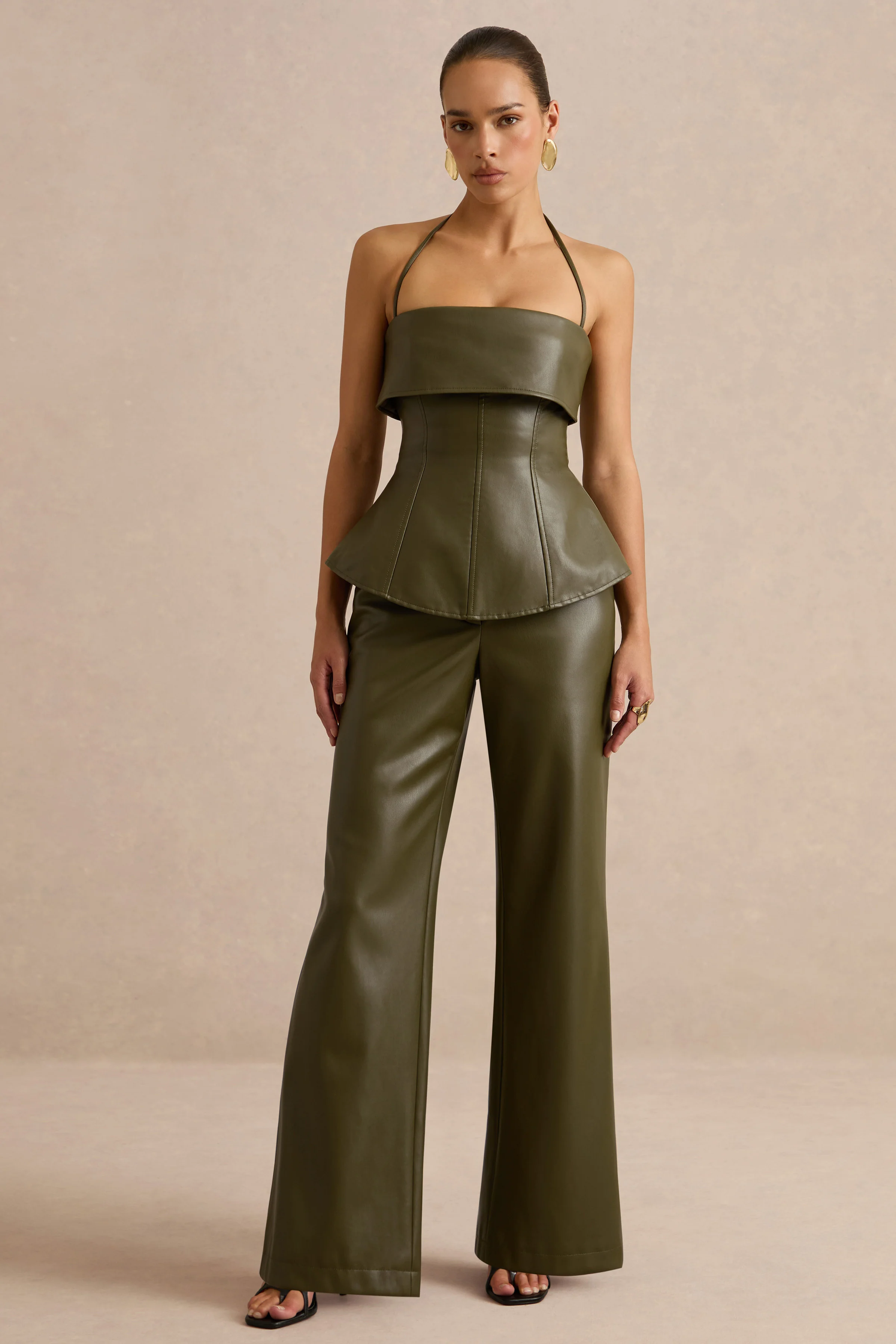 Gaelina | Khaki Faux Leather Straight Leg Trousers