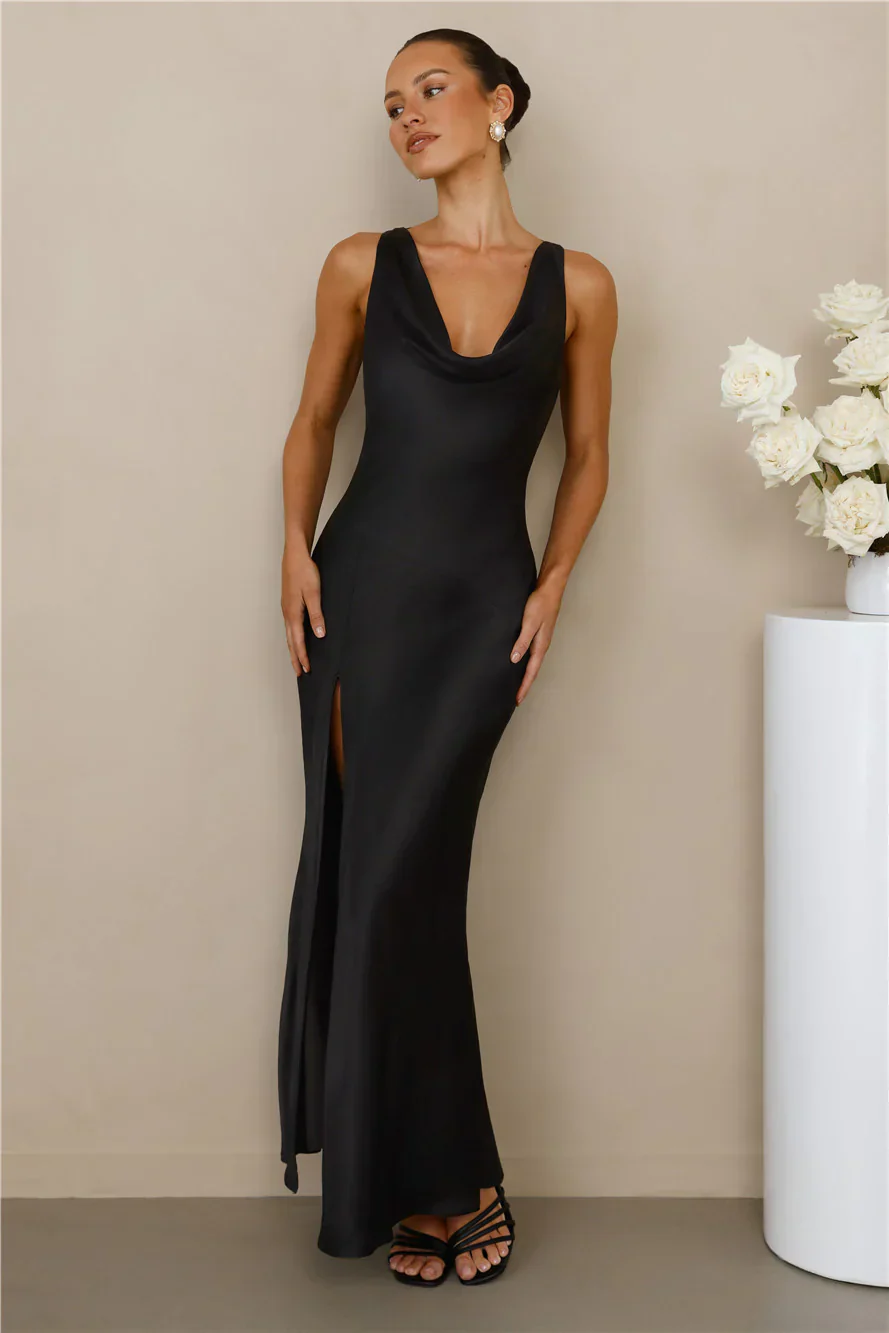 The Loretta Cowl Satin Maxi Dress Black