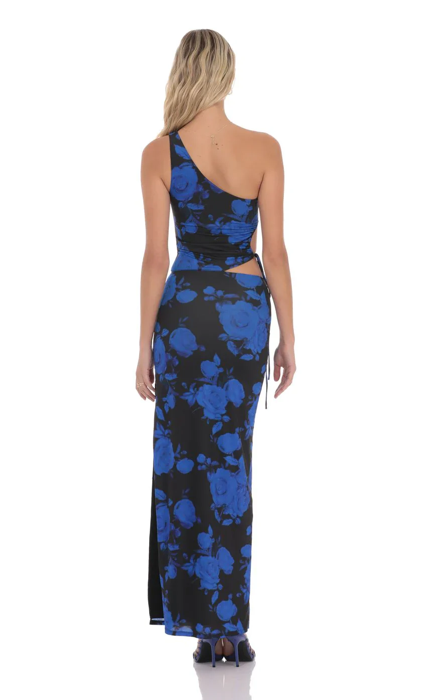 Floral One Shoulder Cutout Maxi Dress in Black and Blue