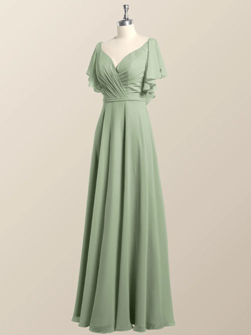 Flutter Sleeves Sage Green Chiffon A-line Long Bridesmaid Dress