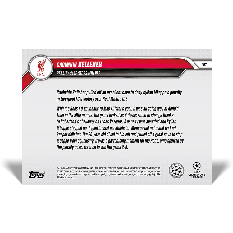 Caoimhin Kelleher - Penalty save stops Mbappé - 24/25 UCC Topps NOW® Card 62