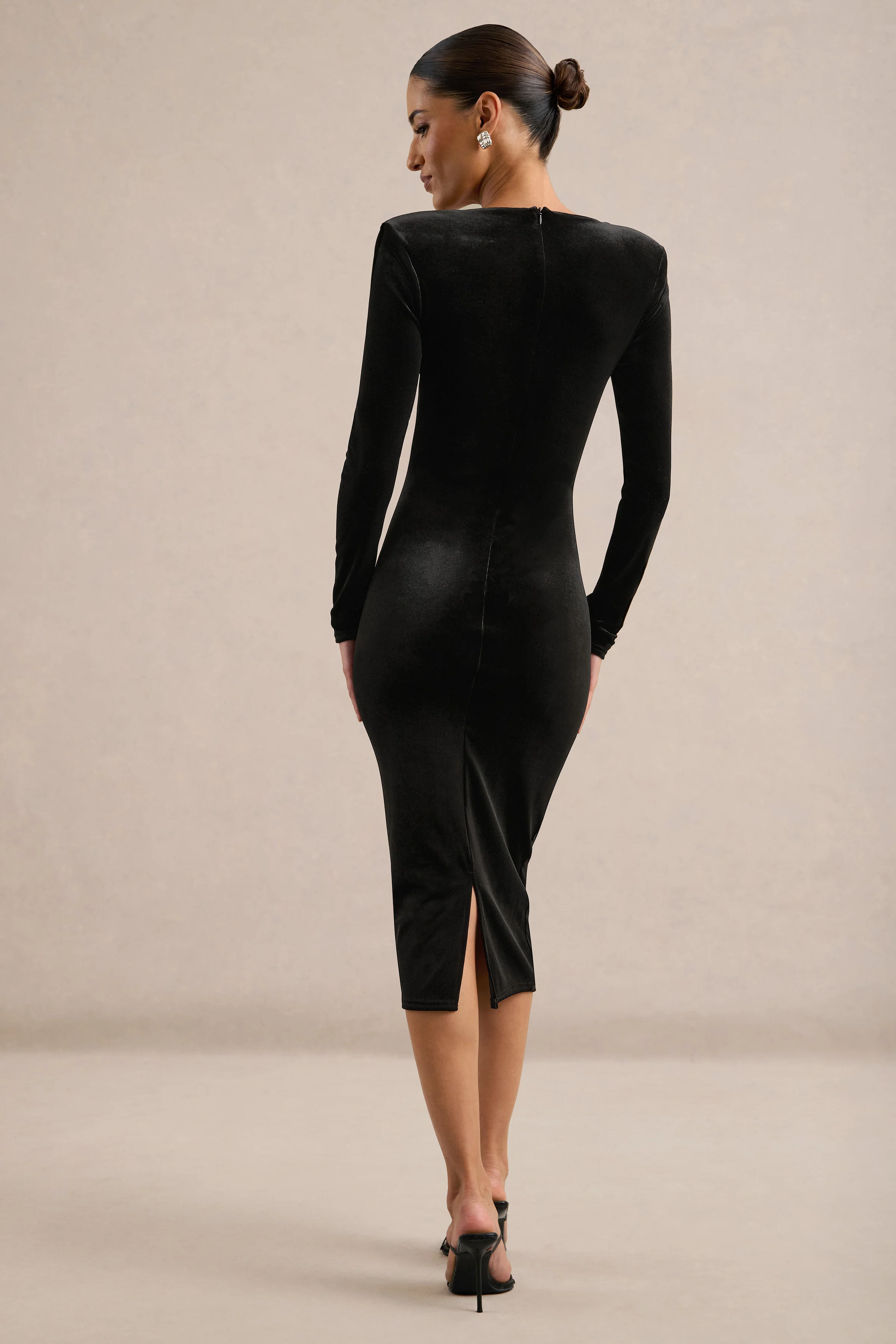 Fantine | Black Velvet Square Neck Long Sleeve Midi Dress With Back Split