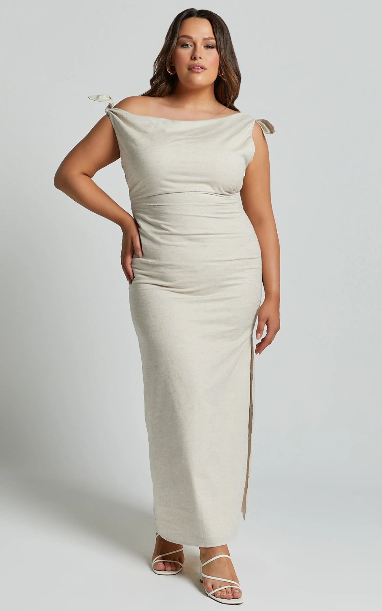 Cincinnati Midi Dress - Off The Shoulder Side Split Column Linen Dress in Beige