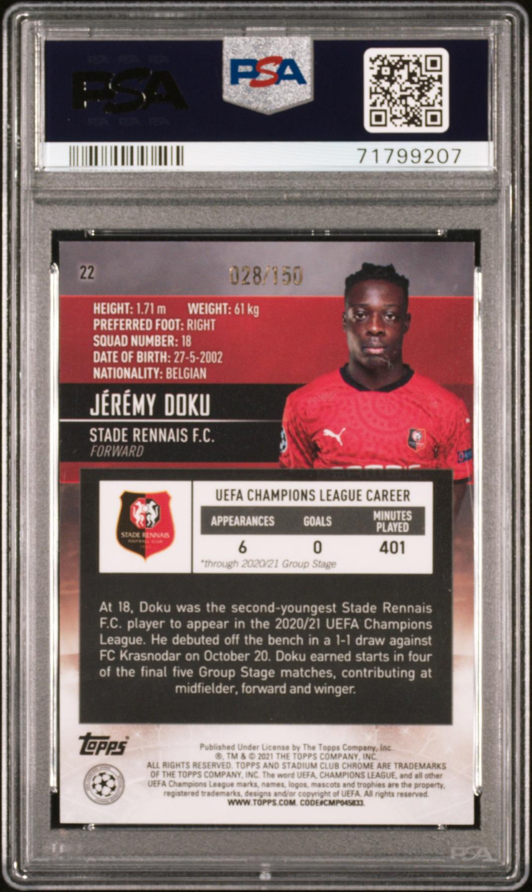 2020 STADIUM CLUB CHROME UEFA CHAMPIONS LEAGUE 22 JEREMY DOKU AQUA/GREEN ELECTRIC REFRACTOR PSA 10 71799207