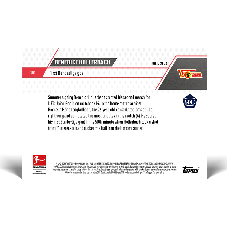 Topps UK - Benedict Hollerbach - First Bundesliga goal - Bundesliga TOPPS NOW® Card #80
