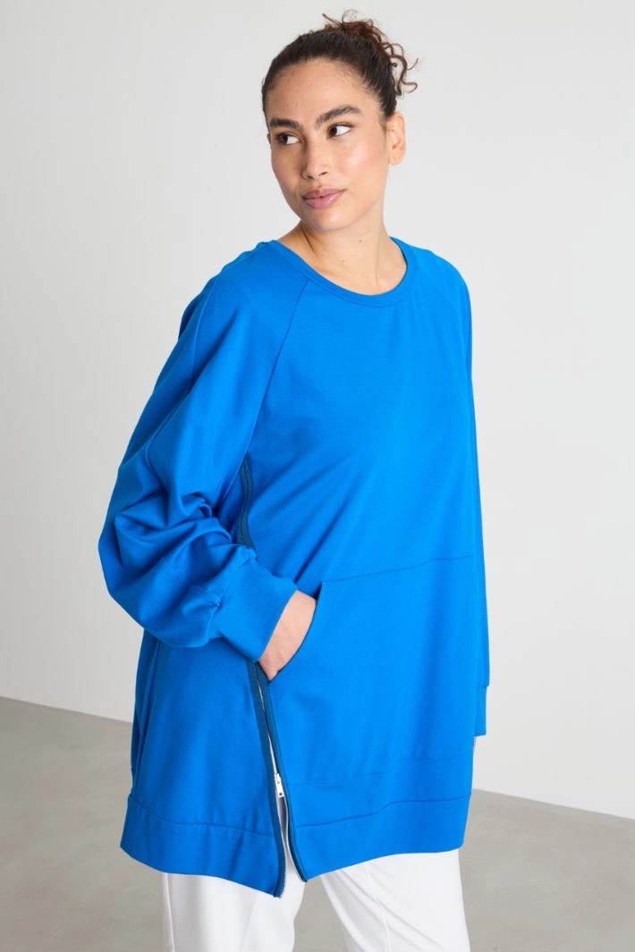 Diagonal-zip jersey sweatshirt - LIGHT BLUE