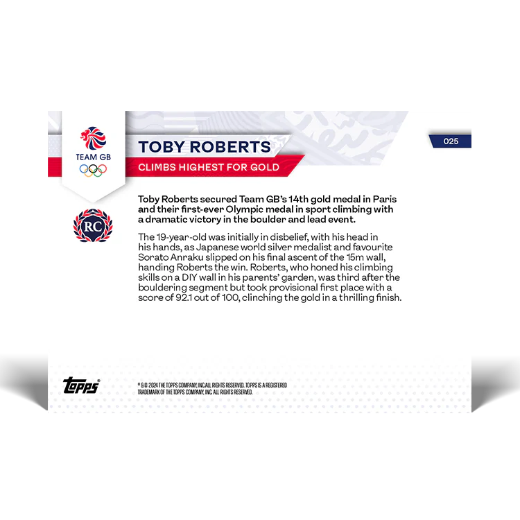 Toby Roberts - Climbs highest for gold - 2024 Team GB TOPPS NOW® Card 25
