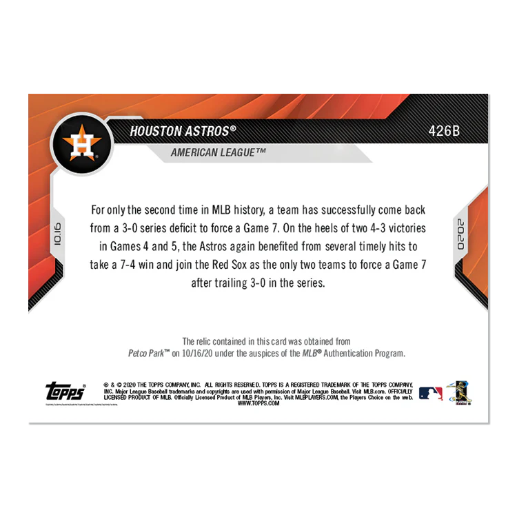 Game-used Ball Relic # to 5 - Houston Astros - MLB TOPPS NOW® Card 426B