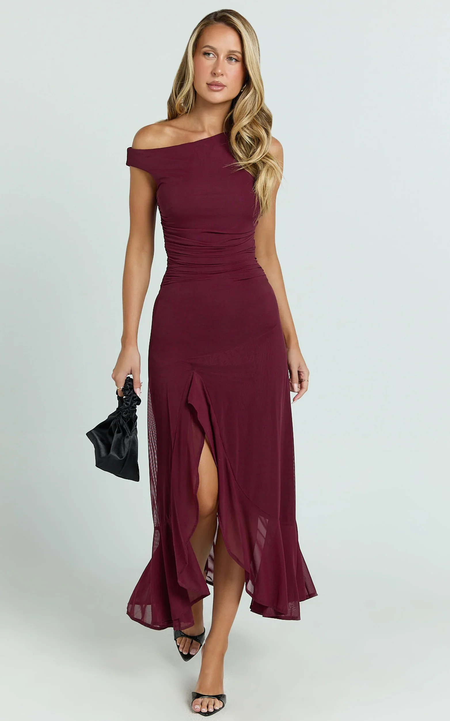 Judee Midi Dress - One Shoulder High Side Split Dress in Wine