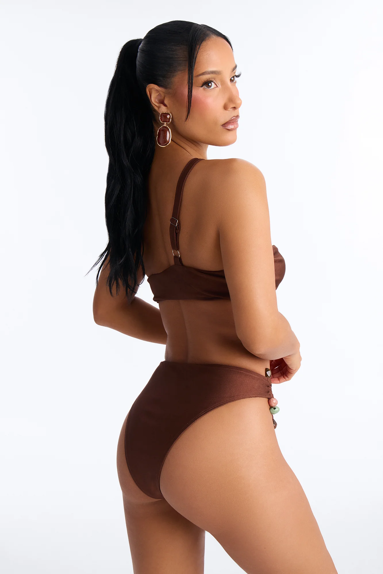 Sandswept Beaded One Shoulder 2 Piece Bikini Set - Brown