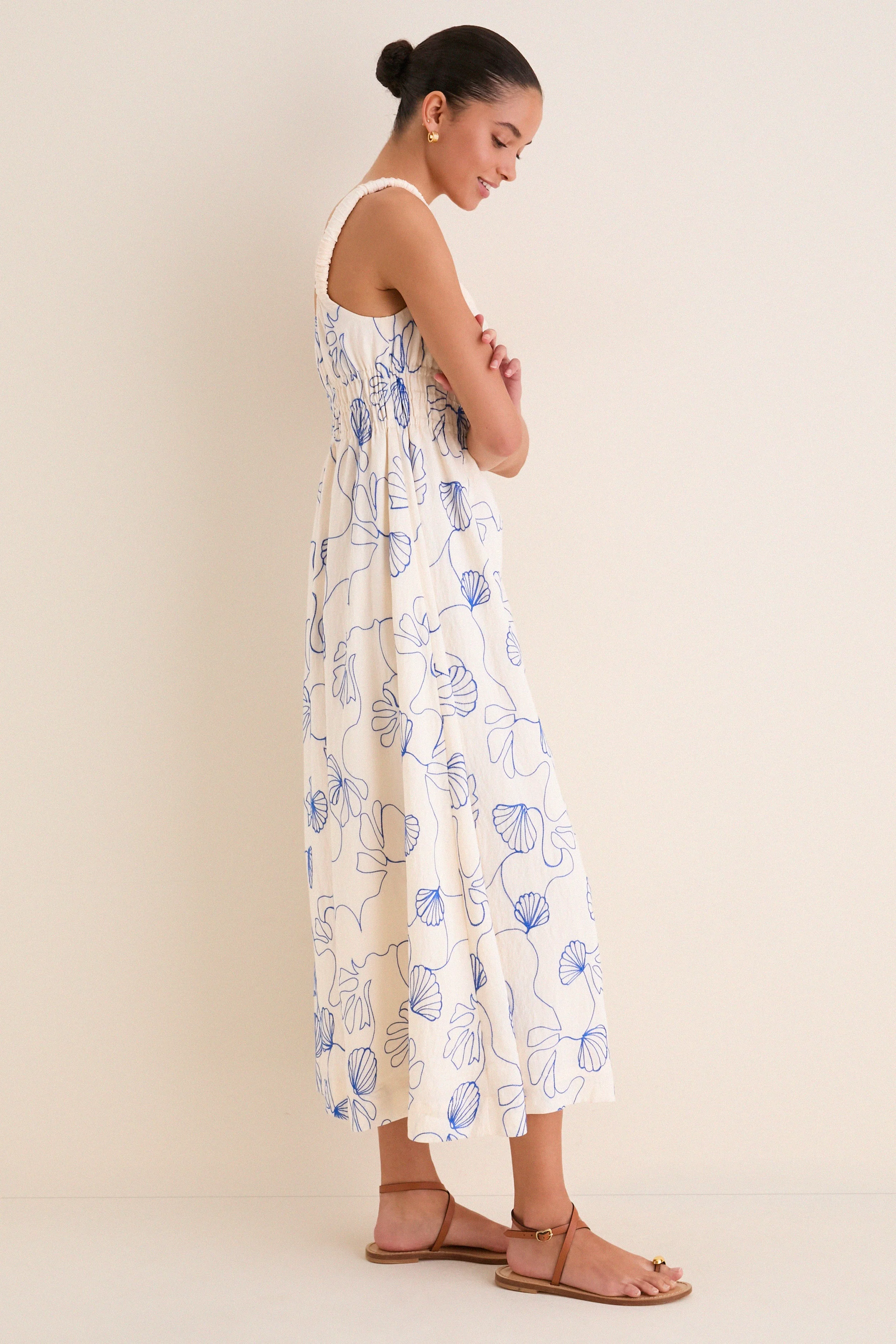Cream & Royal Blue Embroidered Beverly Maxi Dress