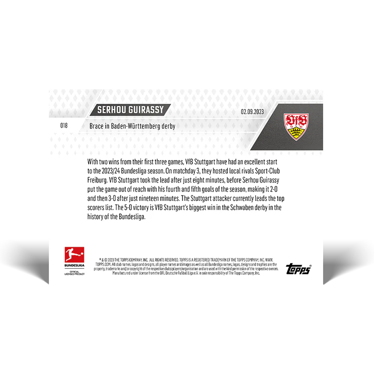 Topps UK - Serhou Guirassy - Brace in Baden-Württemberg derby - Bundesliga TOPPS NOW® Card #18