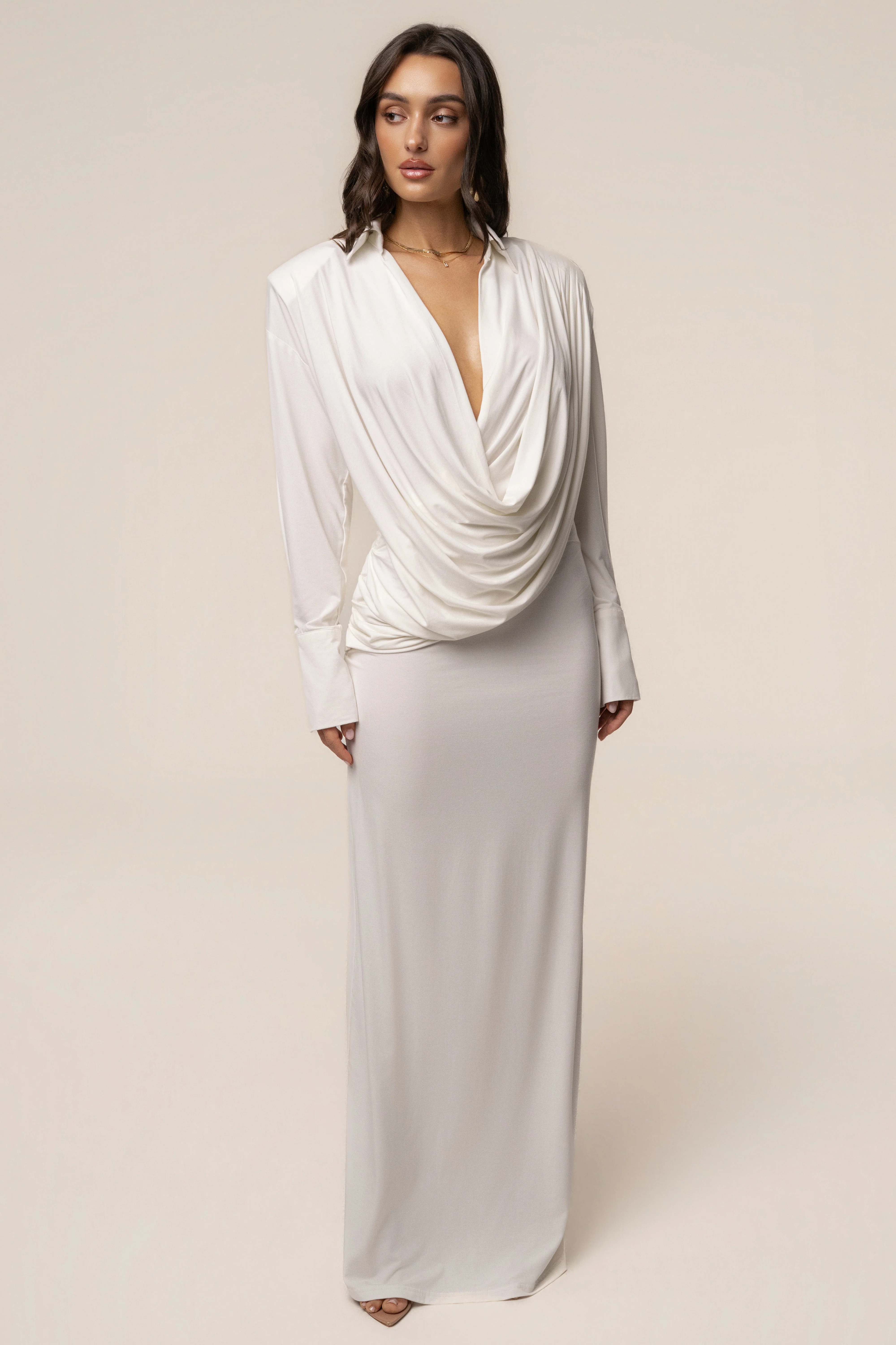 Ivory Poise Draped Maxi Dress