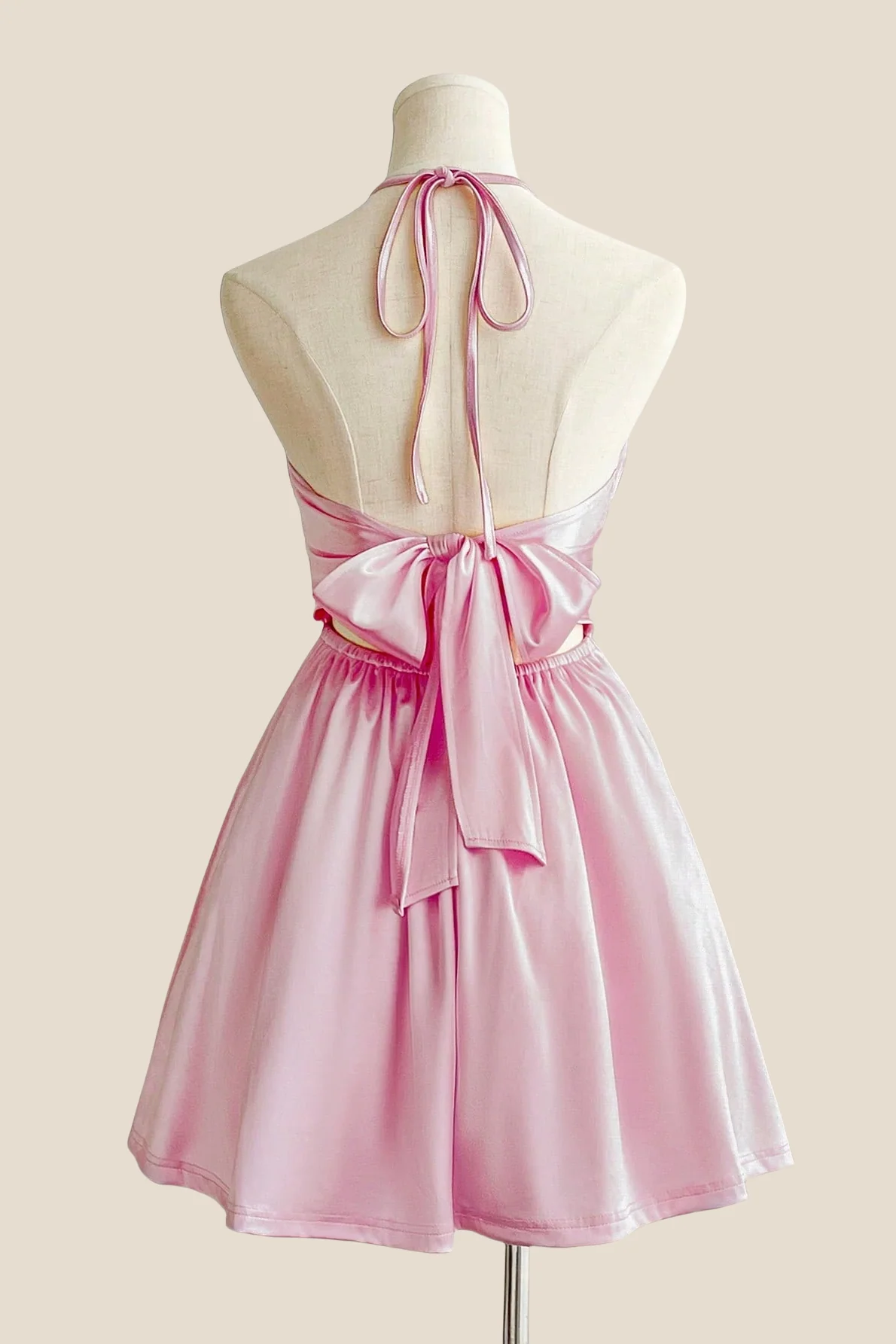 Halter Pink Back Tie A-line Short Dress