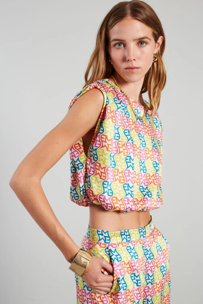 Gathered twill top - LIGHT BLUE ORANGE IVORY