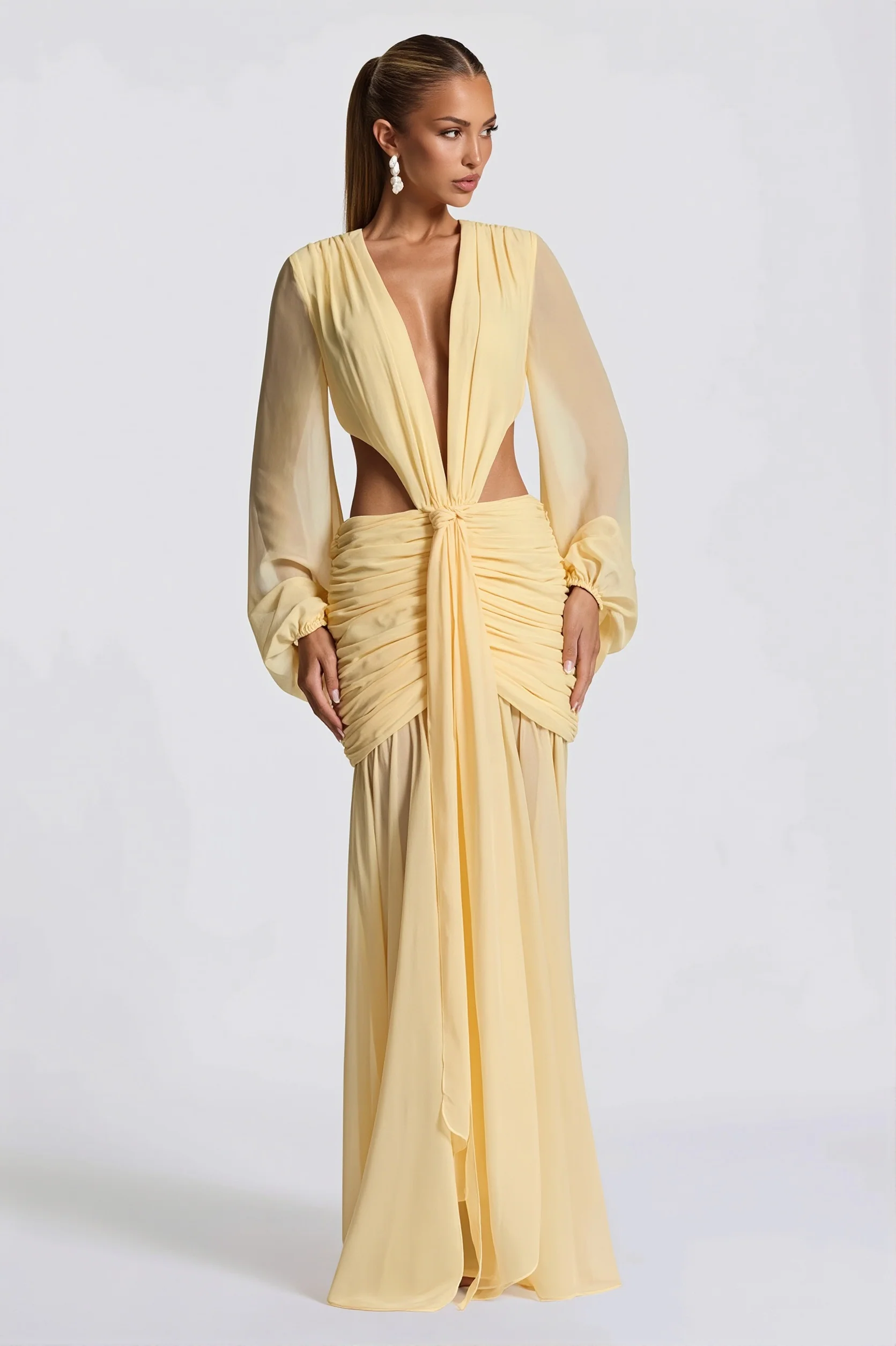 Chiffon Sheer Long Sleeve Cutout Maxi Dress