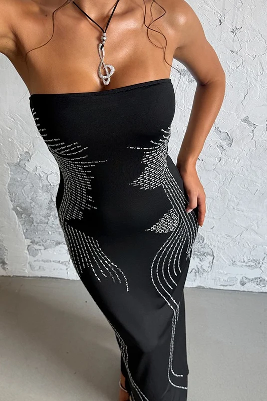 Rhinestone Strapless Off Shoulder Maxi Dress