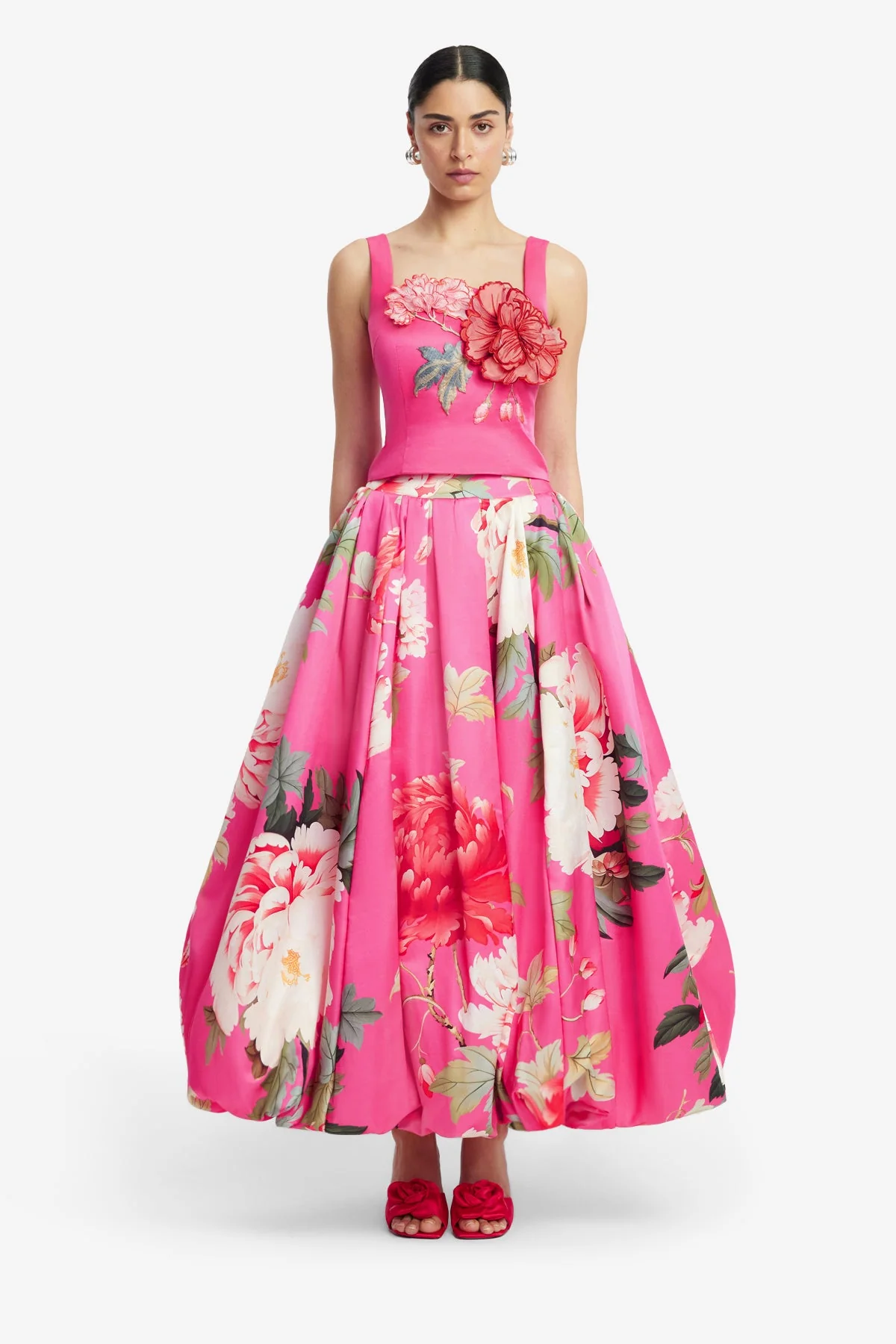 Victoria Puff Maxi Skirt - Peony Print in Fuchsia