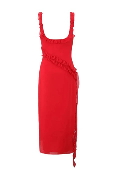 Square Collar Red Ruffle Long Dress with Slit