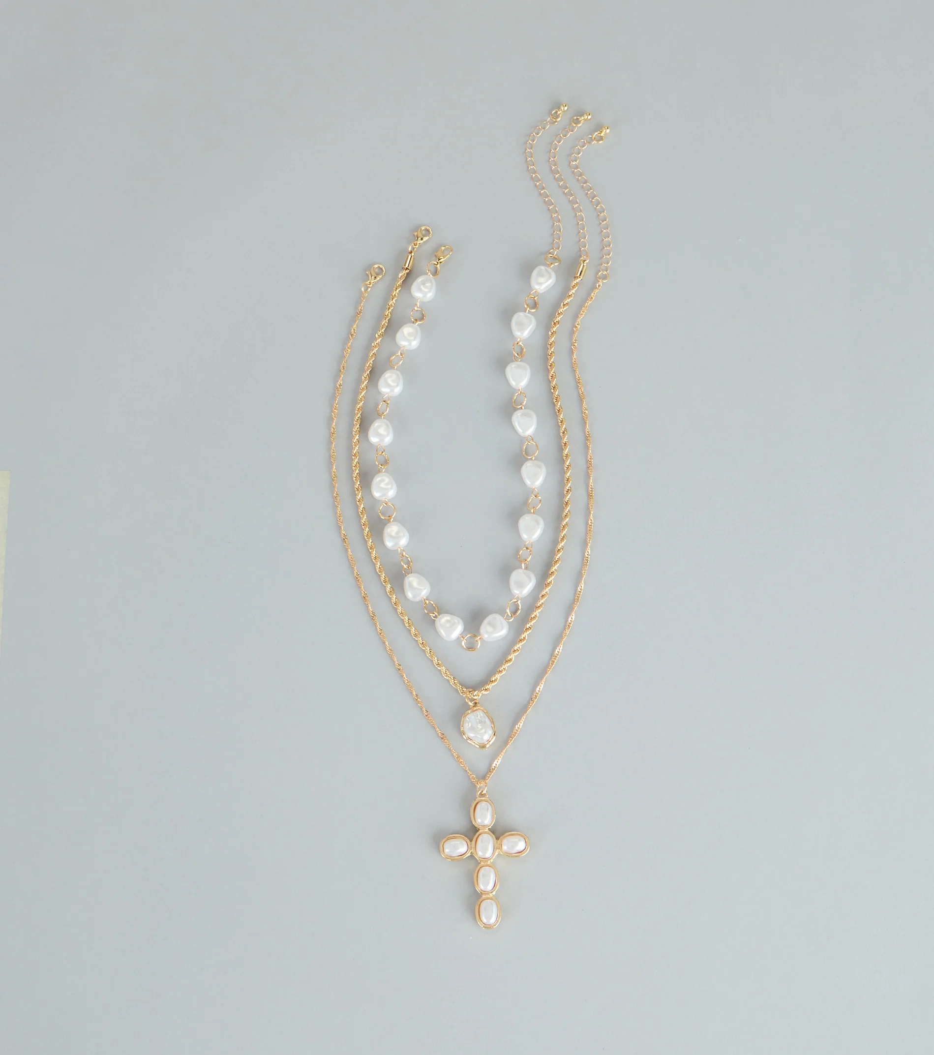 Soft Shine Faux Pearl Cross Charm Necklace Set