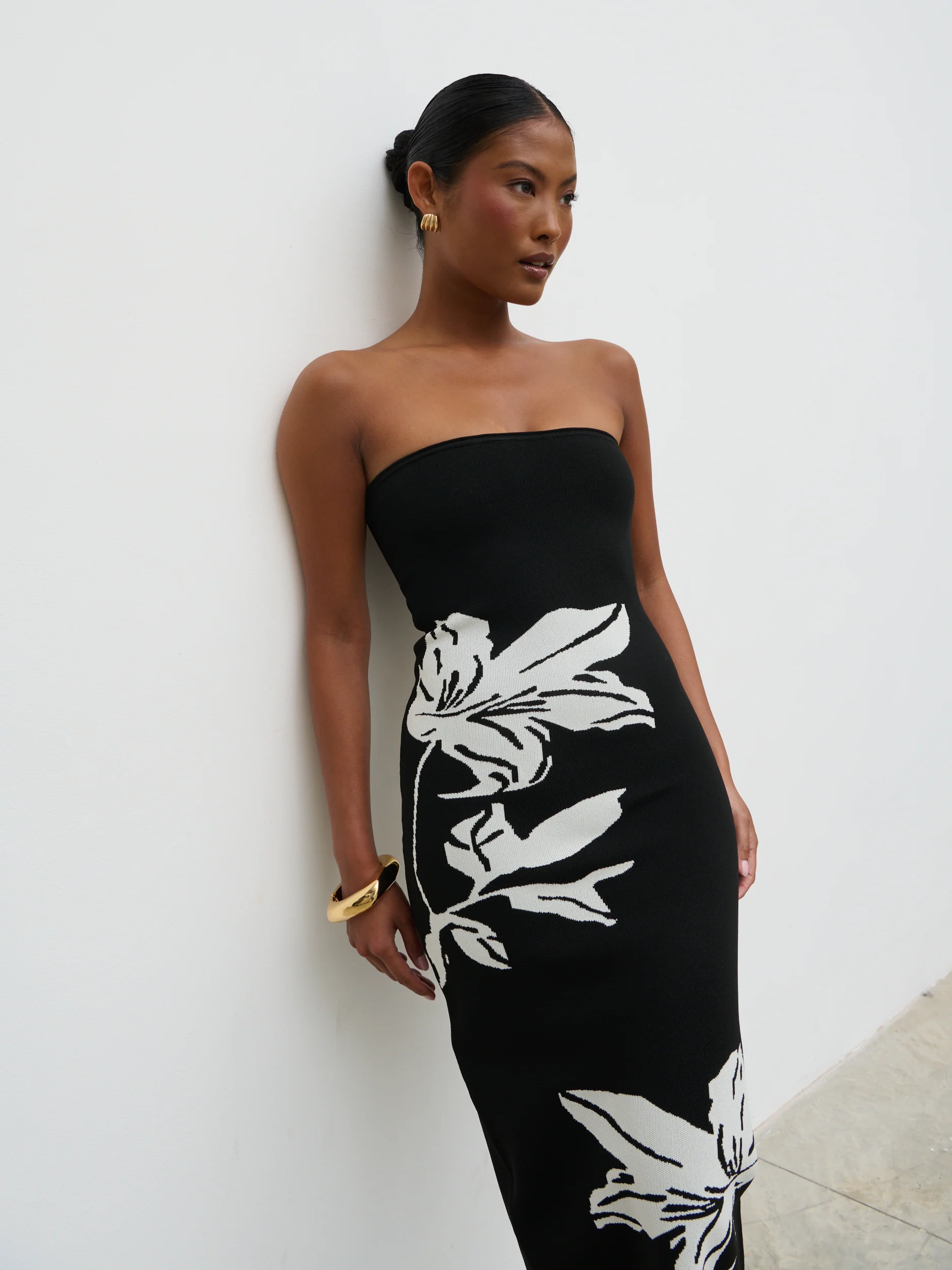 Milena Floral Bandeau Knit Midaxi Dress - Black and Cream