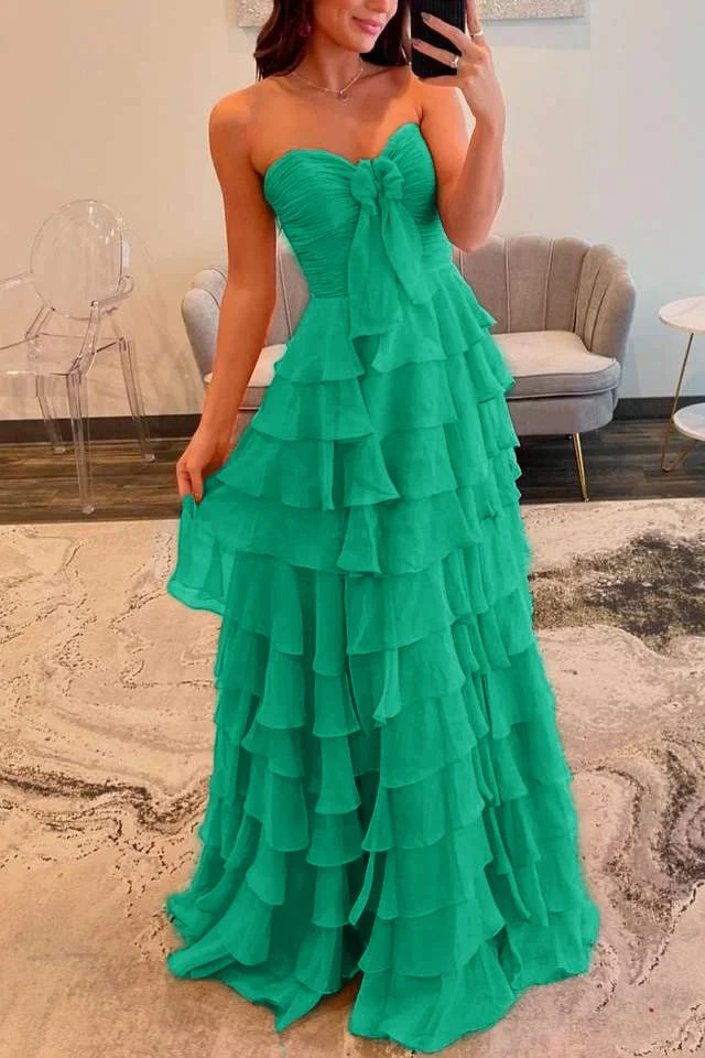Cinizia | Chiffon Fuchsia Sweetheart Tiered Ruffles Prom Dress with Slit