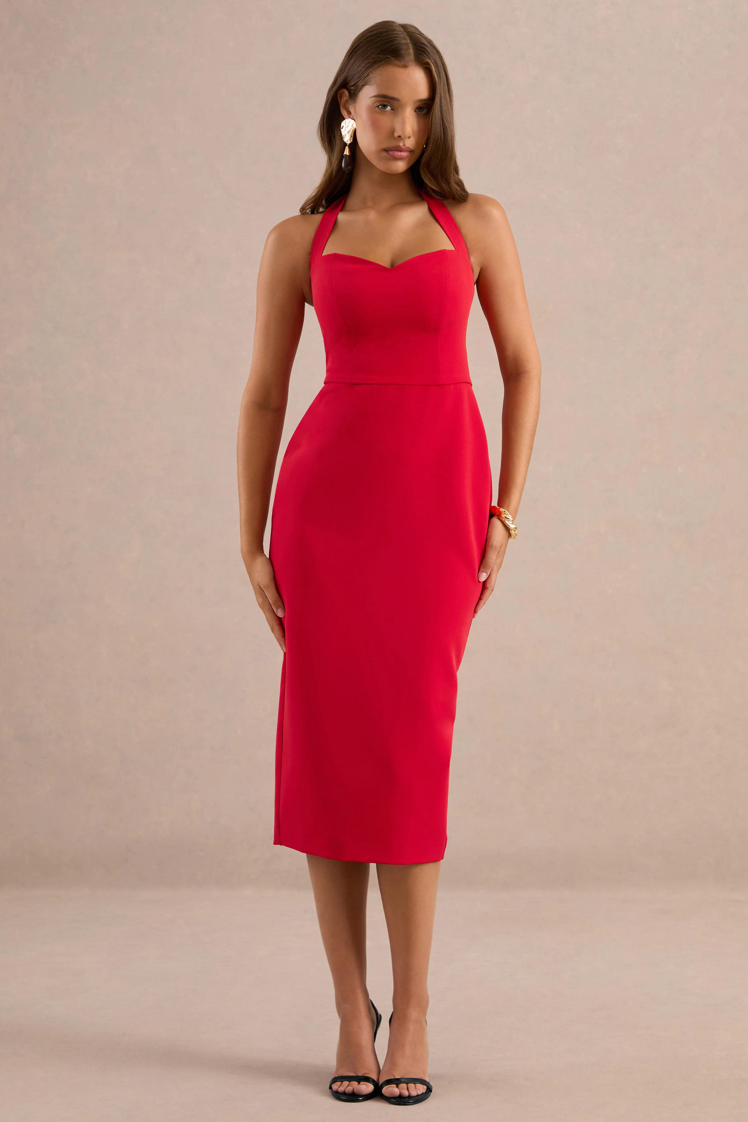 Ailith | Red Sweetheart Neck Midi Dress With Tie Back And Back Split