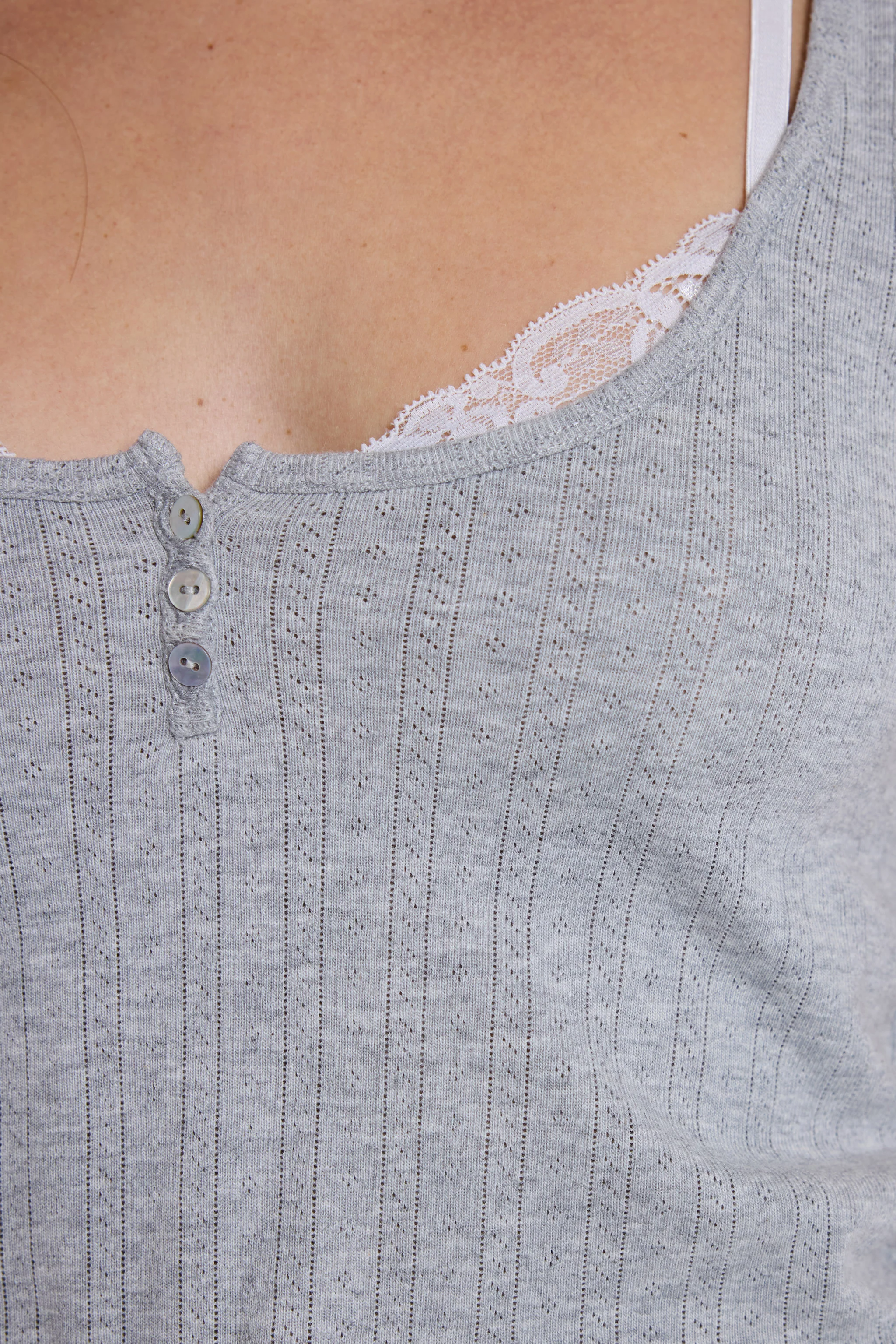 Grey Henley Vest With Lace Trim