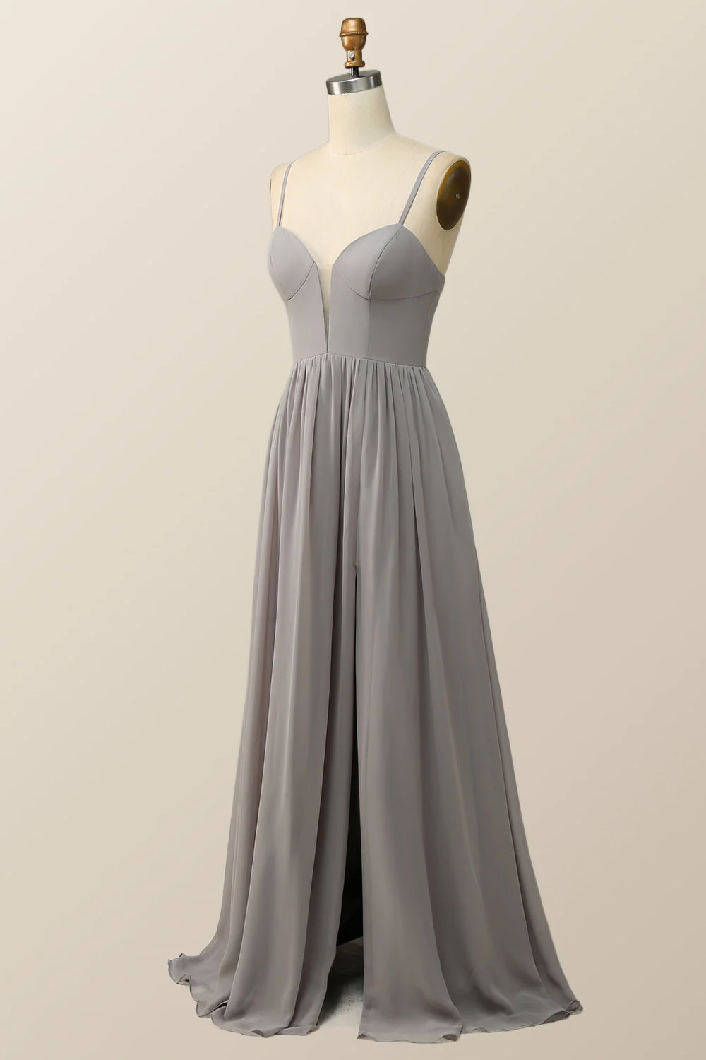 Straps Grey Chiffon A-line Long Bridesmaid Dress